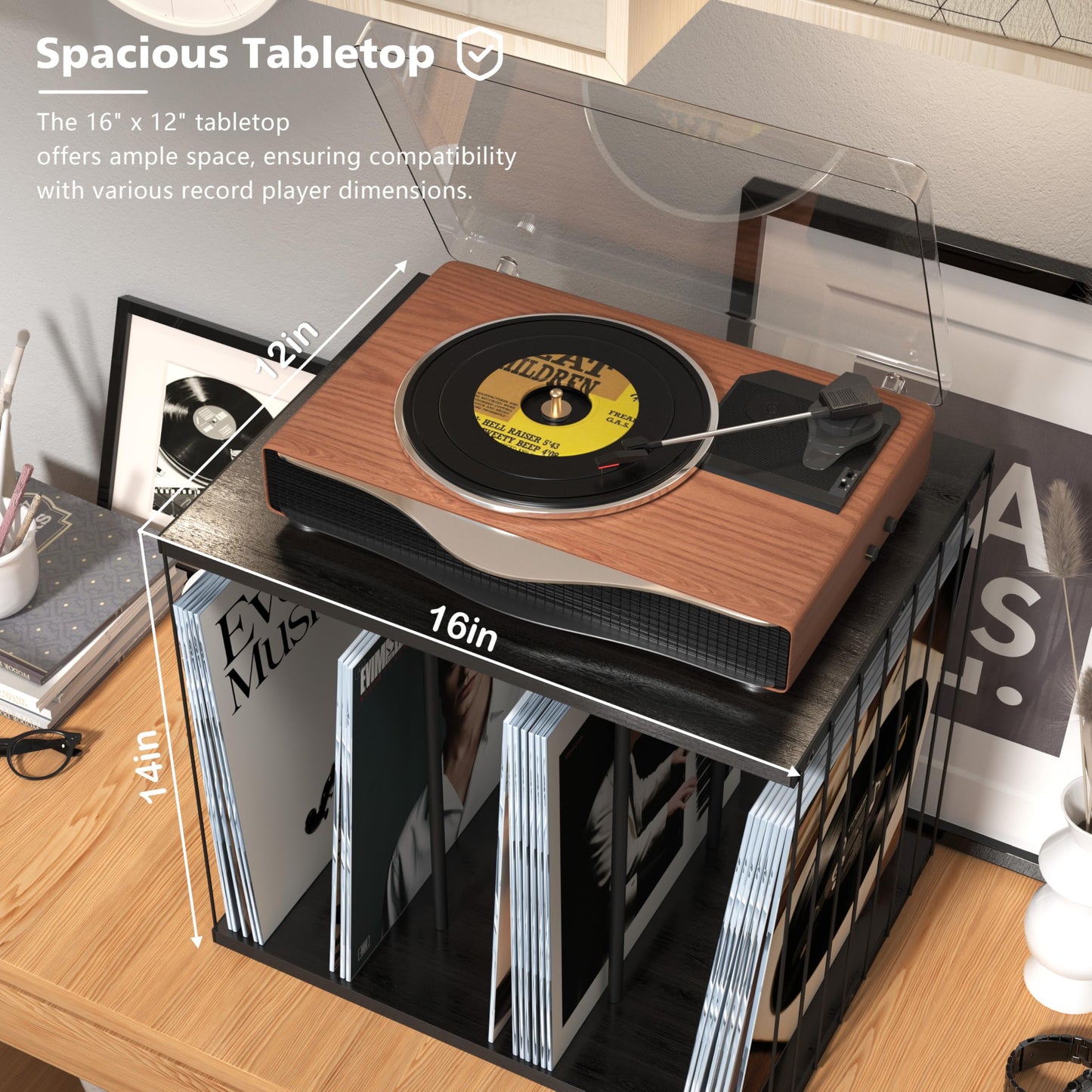 Emfogoo Vinyl Record Storage, Metal & Wooden Vinyl Record Holder Up to 80 LP Albums, 3-Compartment Record Player Stand for Magazine, Book, Files