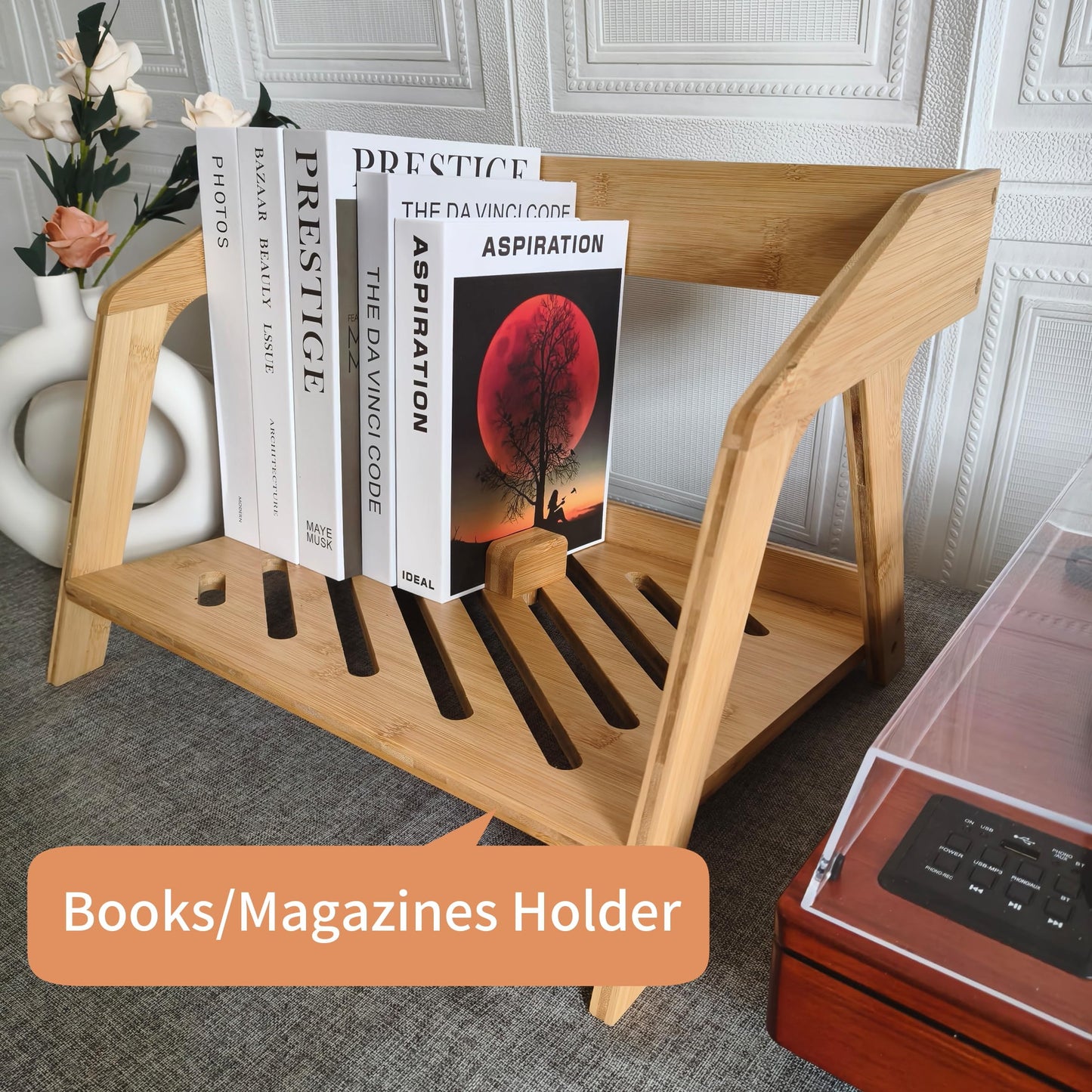 Bamboo Vinyl Record Holder - Stylish Chair Design, Holds Up to 80 12" LPs, Elegant Vinyl Record Storage, CD & Magazine Rack, Book Holder (Natural)
