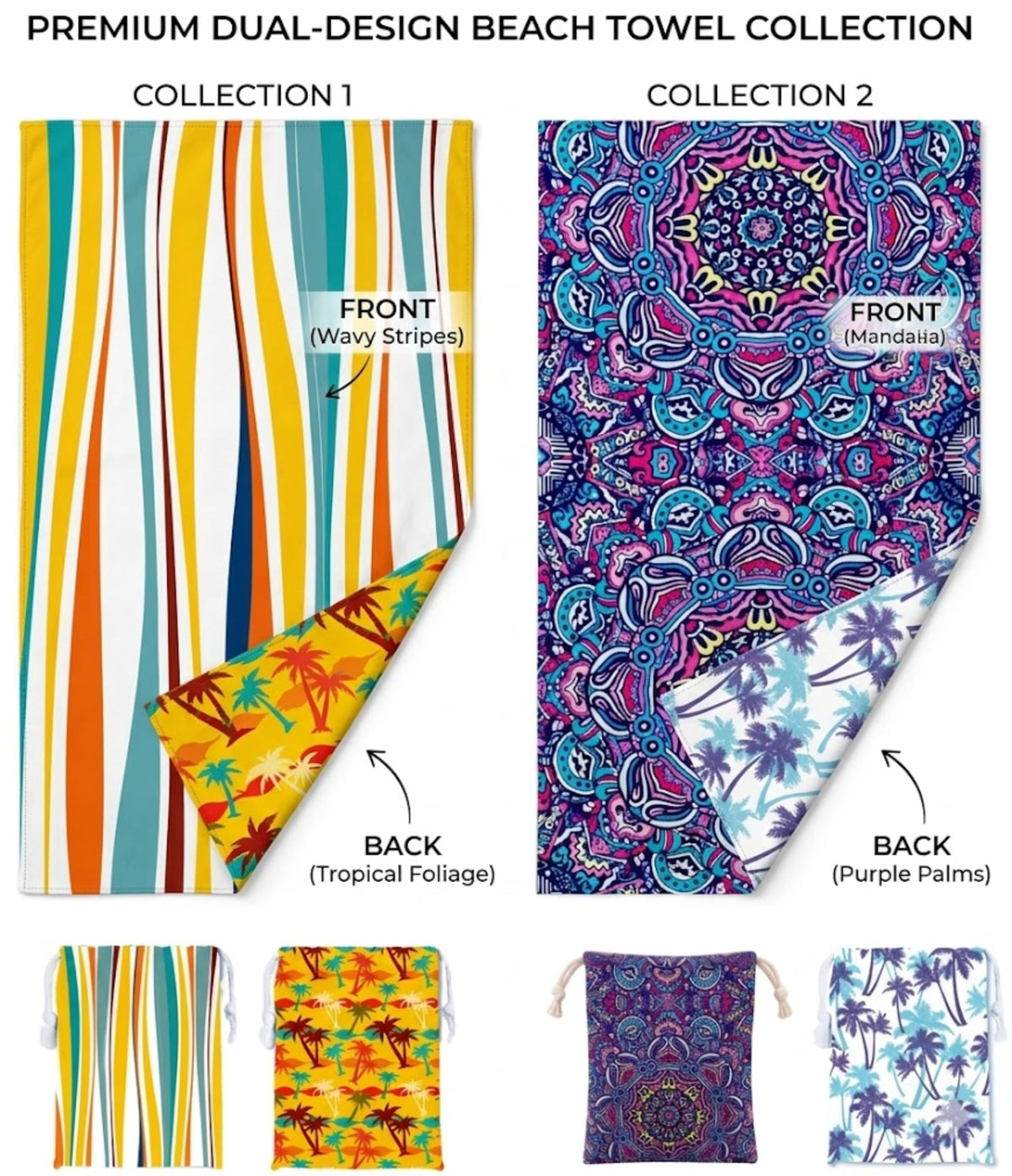 RB INTERNATIONAL Beach Towel with Bag 2 Pack 160x80cm for Adults, Microfibre Waffle Weave, Quick Dry, Sand Free, Lightweight, Compact & Eco-Friendly