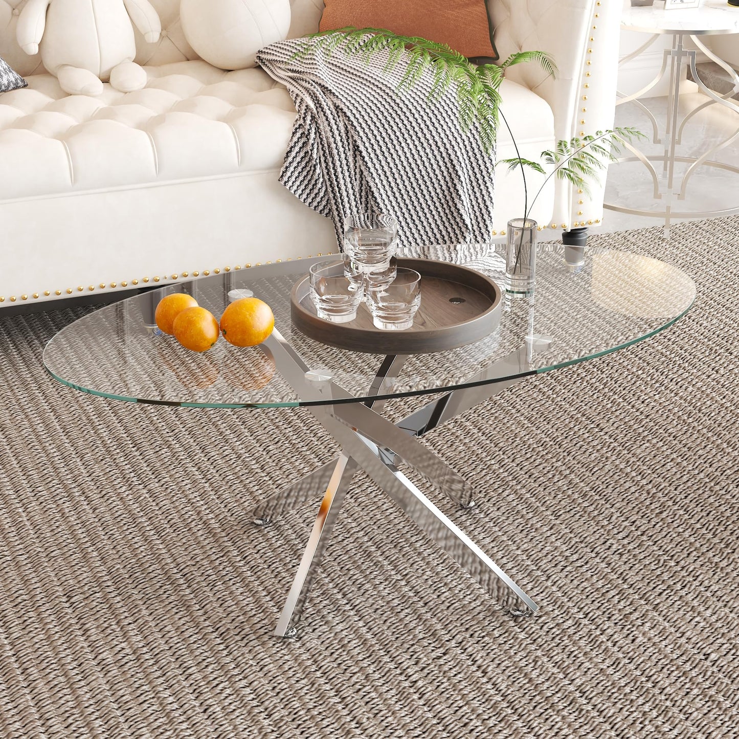 GOLDFAN Oval Glass Coffee Table with Chrome Crossed Legs, Modern Clear Tempered Glass Centre Table for Living Room, Office or Apartment