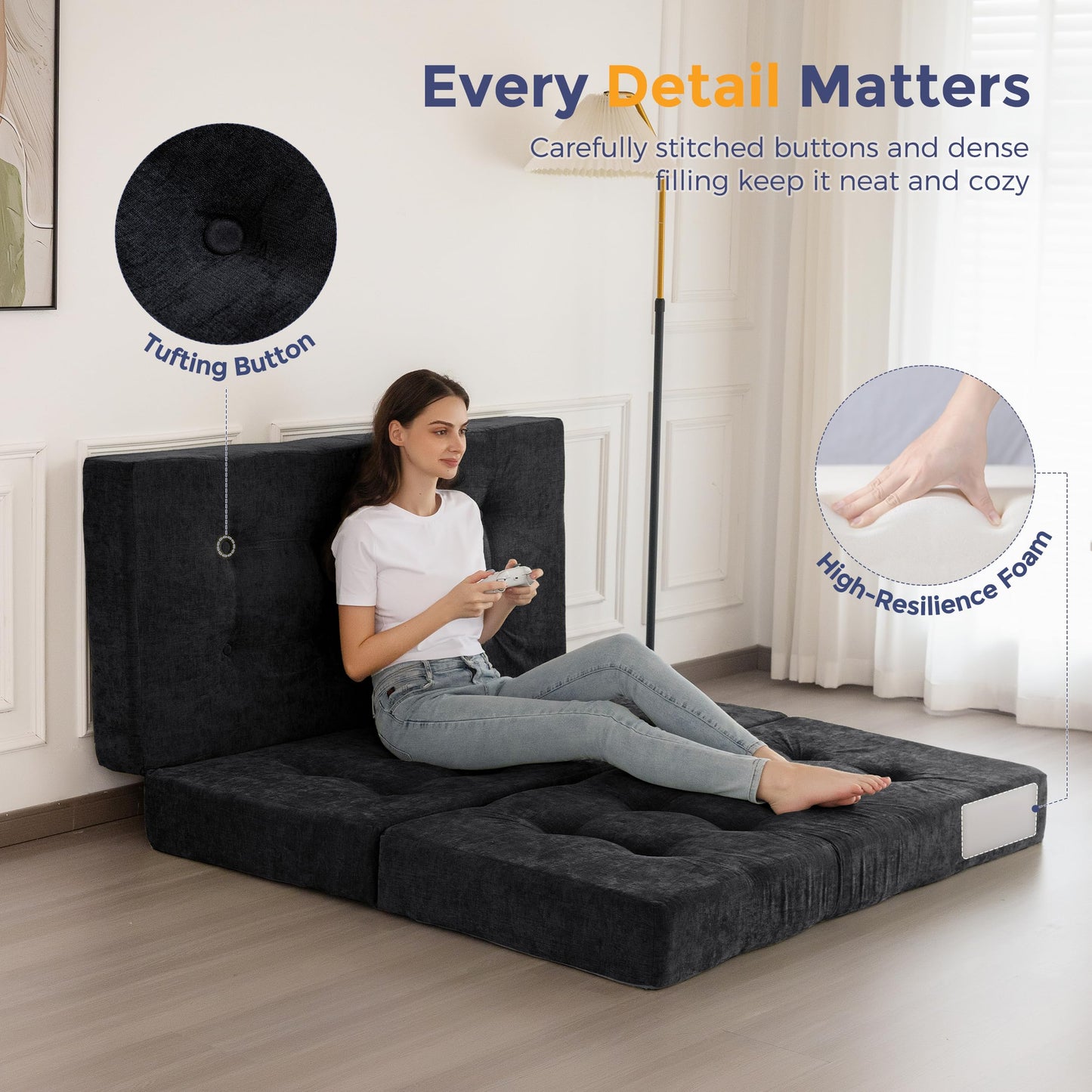 MAXYOYO Folding Mattress Chenille Fabric 15cm, Sofa Bed for Guest