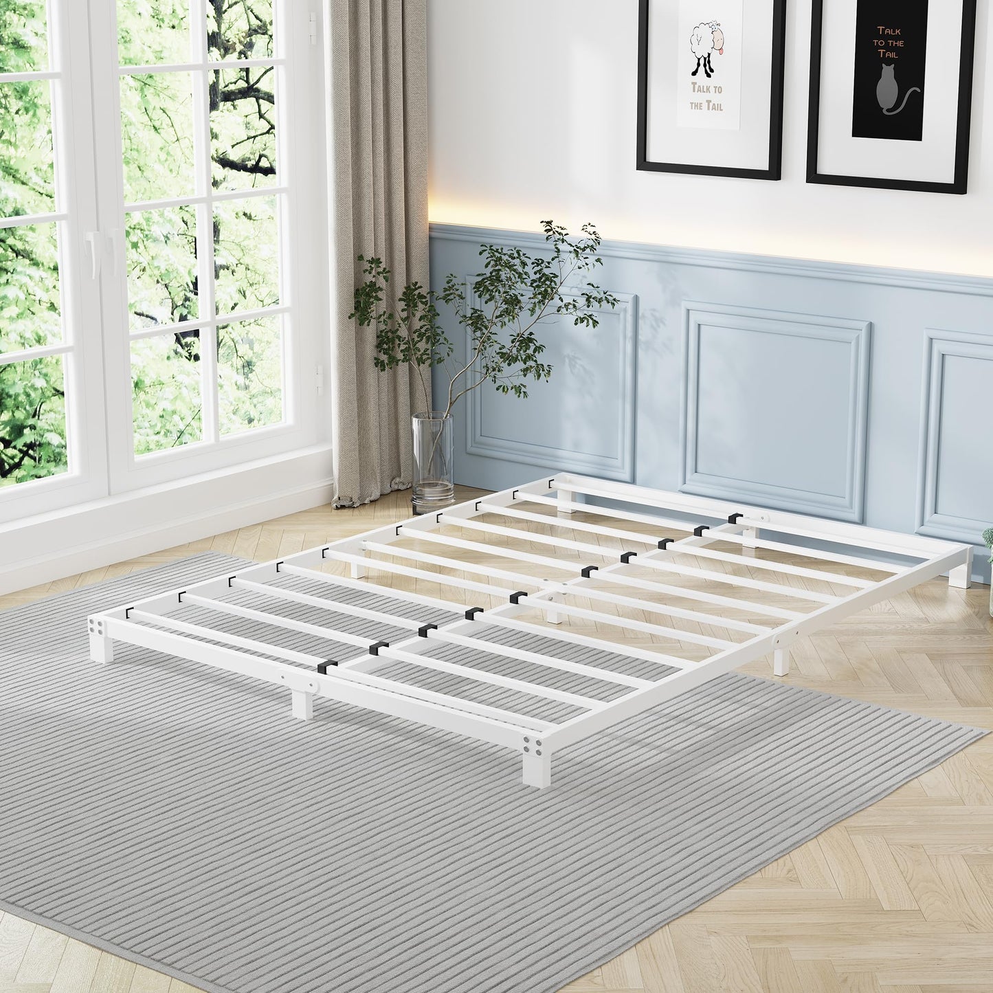 VERFARM 12cm Low 4ft6 Double Bed frame, Metal Bed 135x190 cm, Double Size Heavy Duty Metal Platform Bed Frame with Steel Slat Support