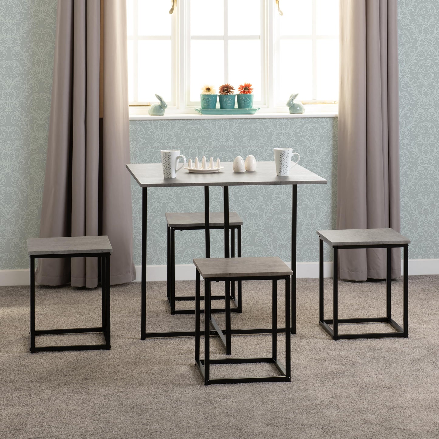 Seconique Stowaway Dining Set, Engineered Wood, Stone Effect/Black, W 800mm x D 800mm x H 760mm