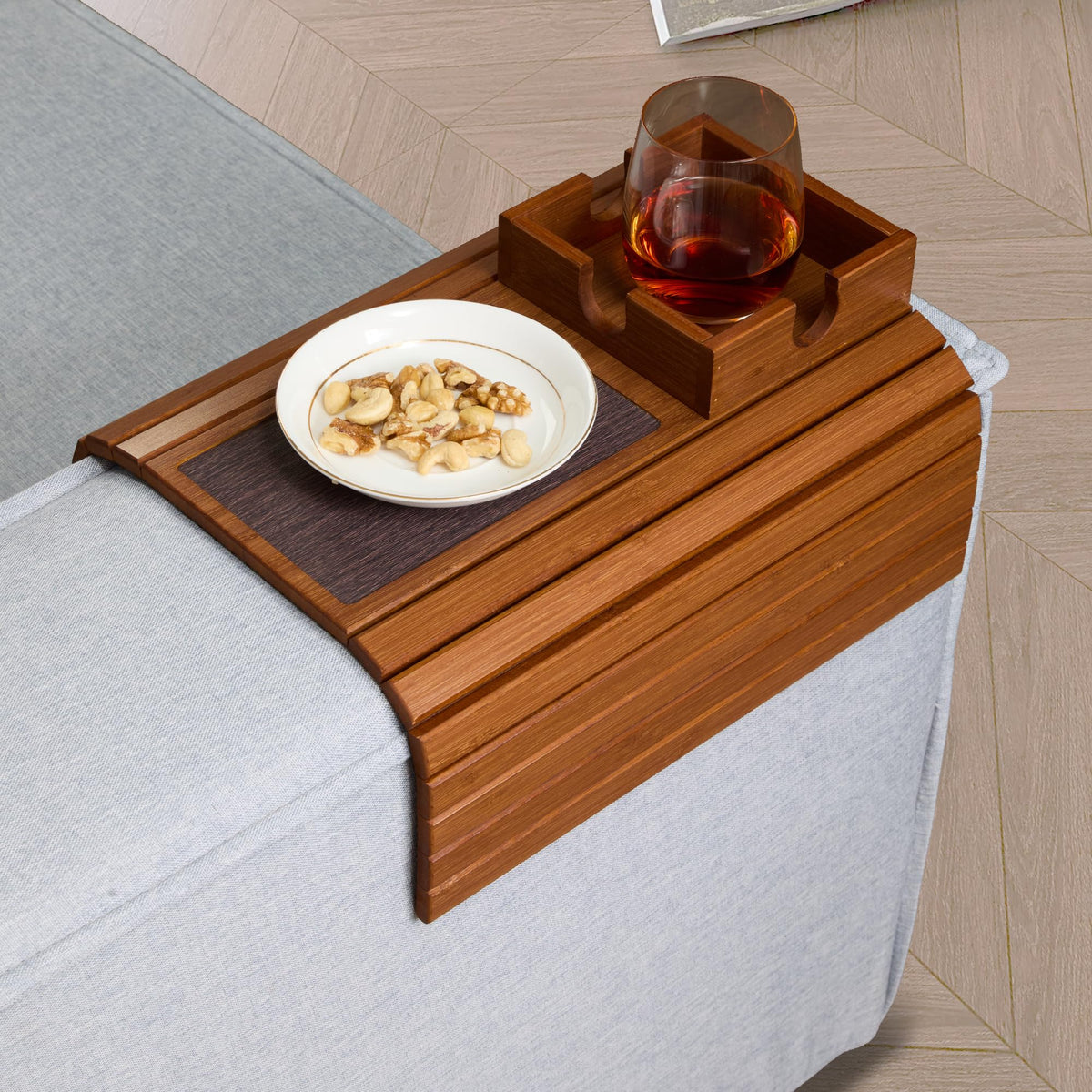 Detor Sofa Arm Tray with Large 11.5 cm Square Cup Holder, Golden Oak Bamboo