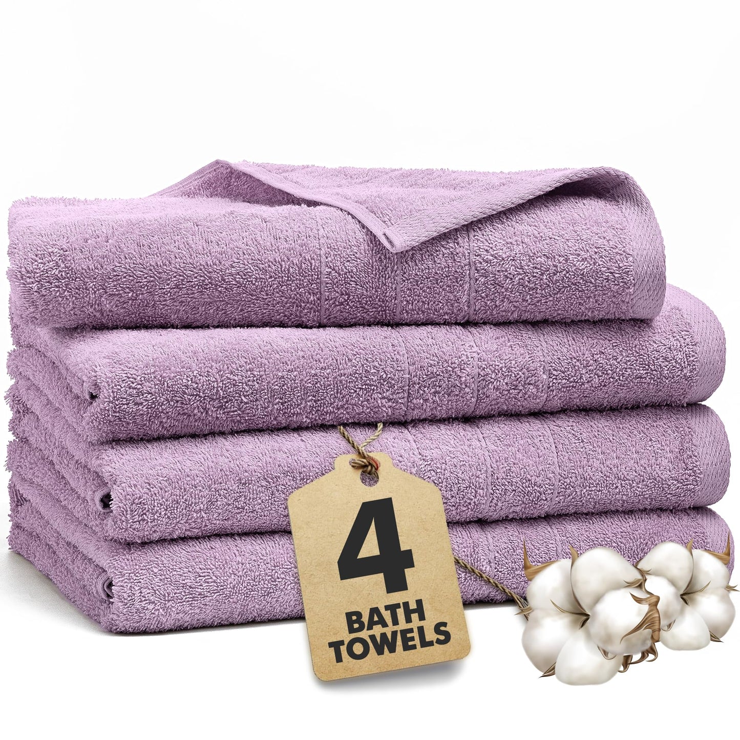 Novo Home Bath Towels Set of 4 – 550 GSM 100% Cotton Lilac Extra Large Towels for Bathroom, Spa Use (70x140 cm)