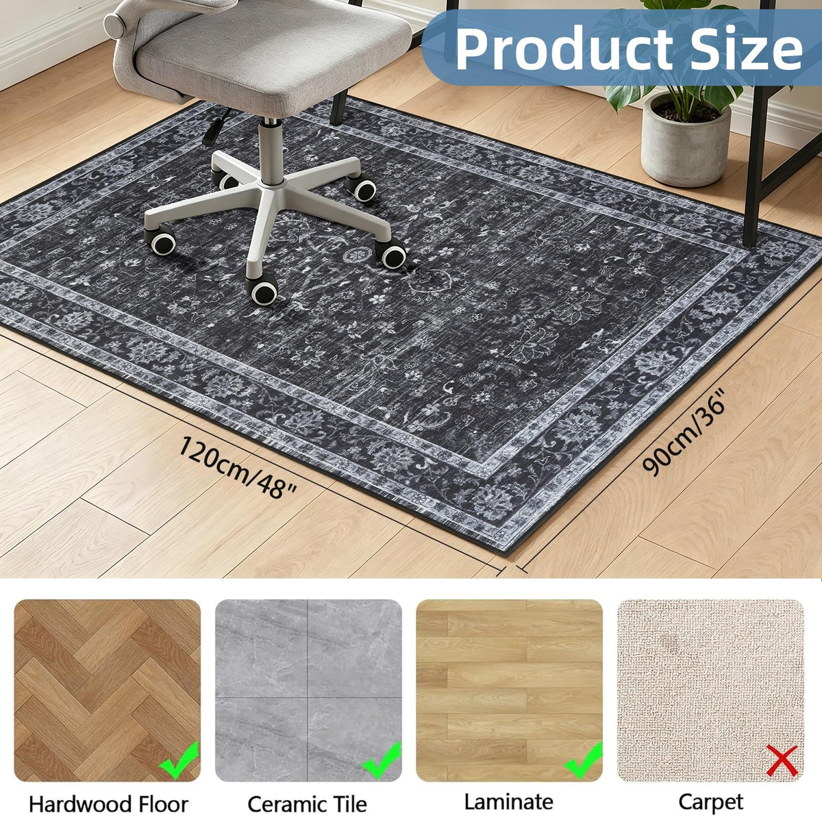 Office Chair Mat for Hardwood Floor, 90x120 cm Anti-Slip Computer Gaming Desk Mat, Multi-Purpose Floor Protector for Home Office Rolling Chair