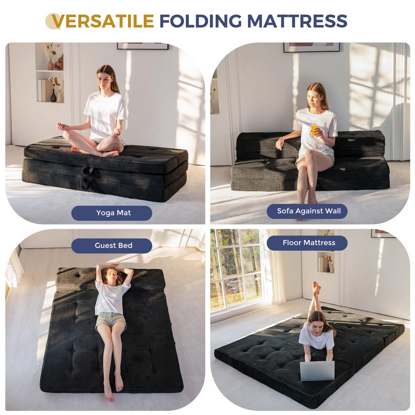 MAXYOYO Folding Mattress Single, Comfy Foldable Sofa Couch Bed, Guest Mattress with Handles Floor Futon Sofa Bed for Guest