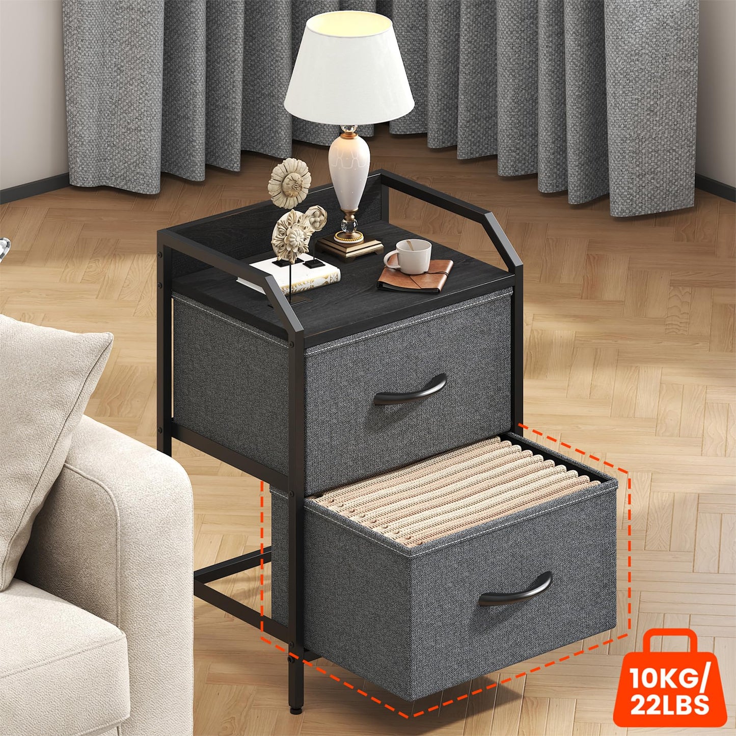 Feonase Bedside Table, Bedroom Bedside Cabinet with 2 Fabric Drawers, Nightstand Side Table for Bedrooms, Living Rooms (Deep Gray)