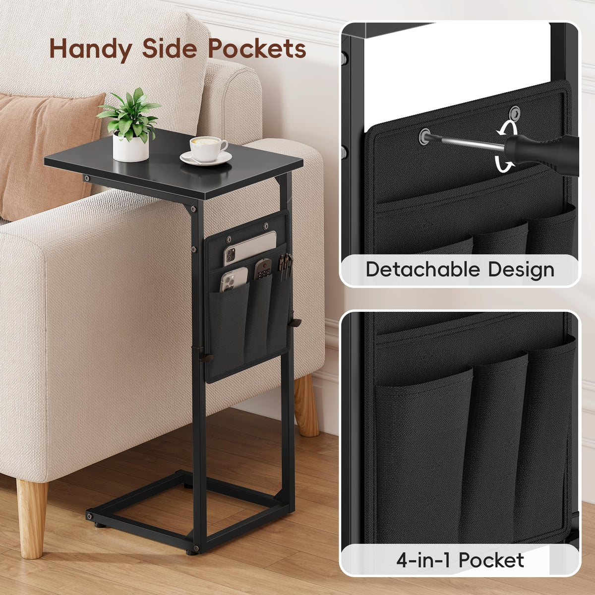 Vagusicc C-Shaped Side Table, Height Adjustable Sofa Side Table, Bedside Table with Cloth Storage Bag, C Tables End Table for Small Spaces