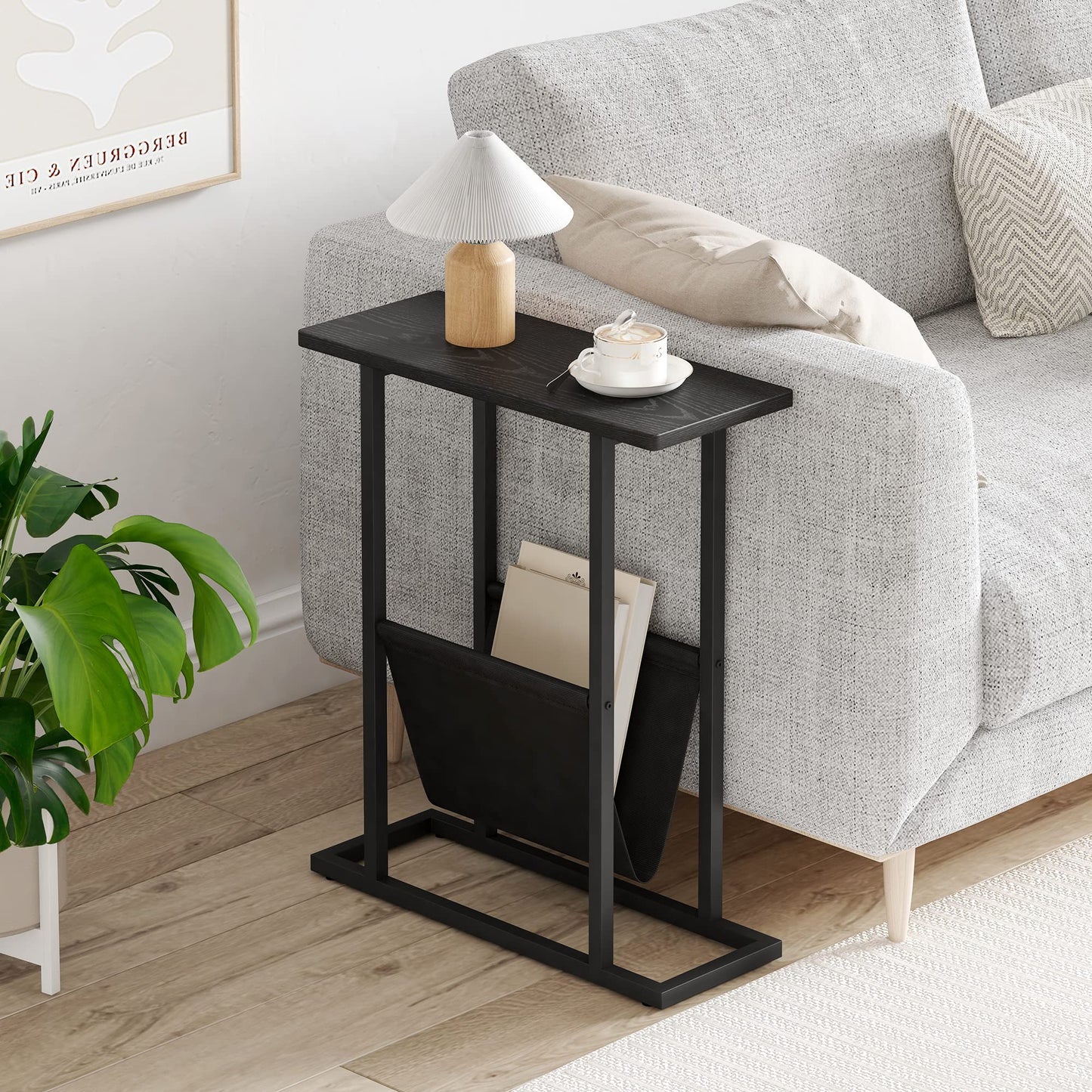 Yusong Small Narrow Side Table for Small Spaces, Slim End Table Magazine Table Nightstand with Storage Holder