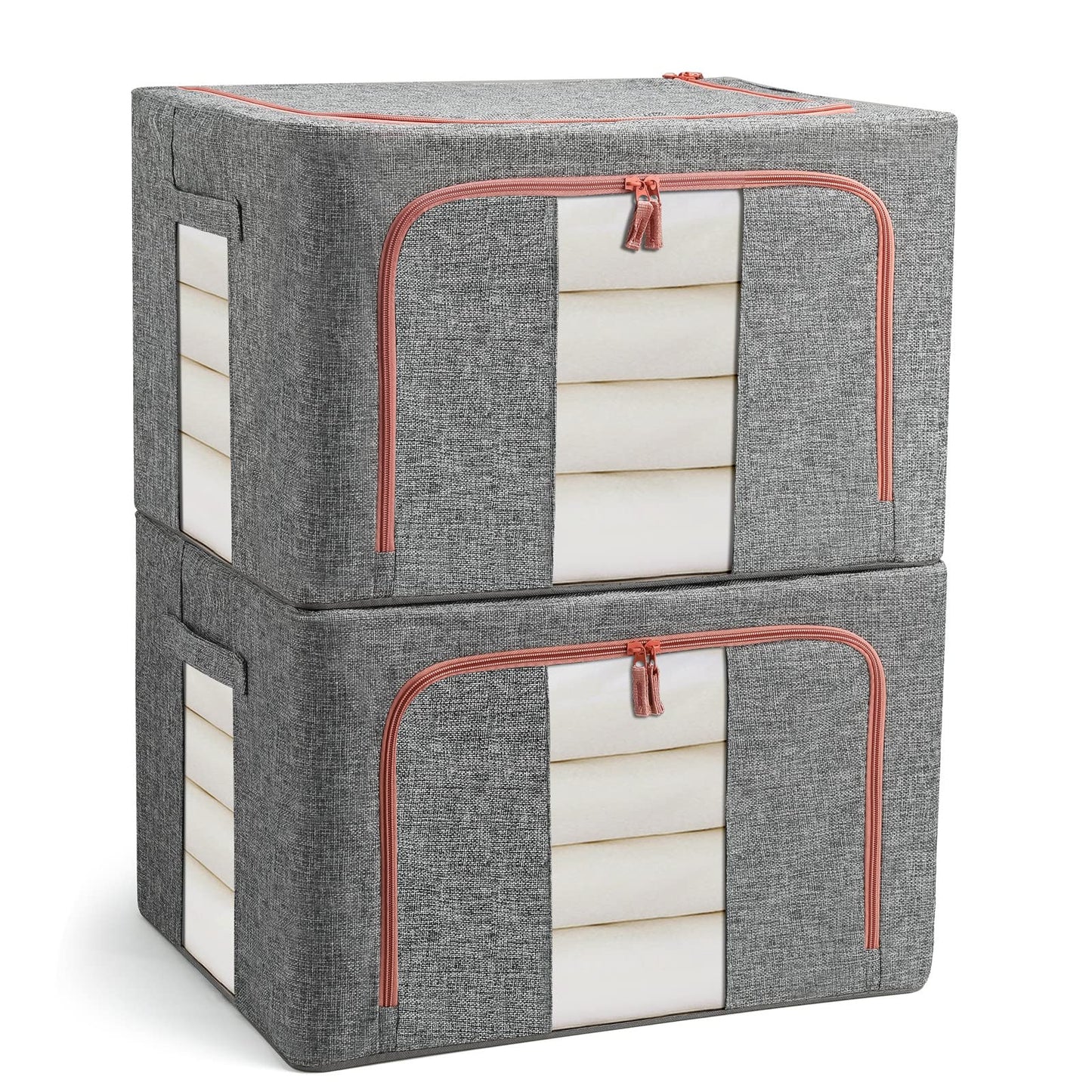 FUSACONY Closet Organizers and Storage, Foldable Oxford Cloth Steel Frame Box,2 Pack,Clear Window & Carry Handles, Waterproof
