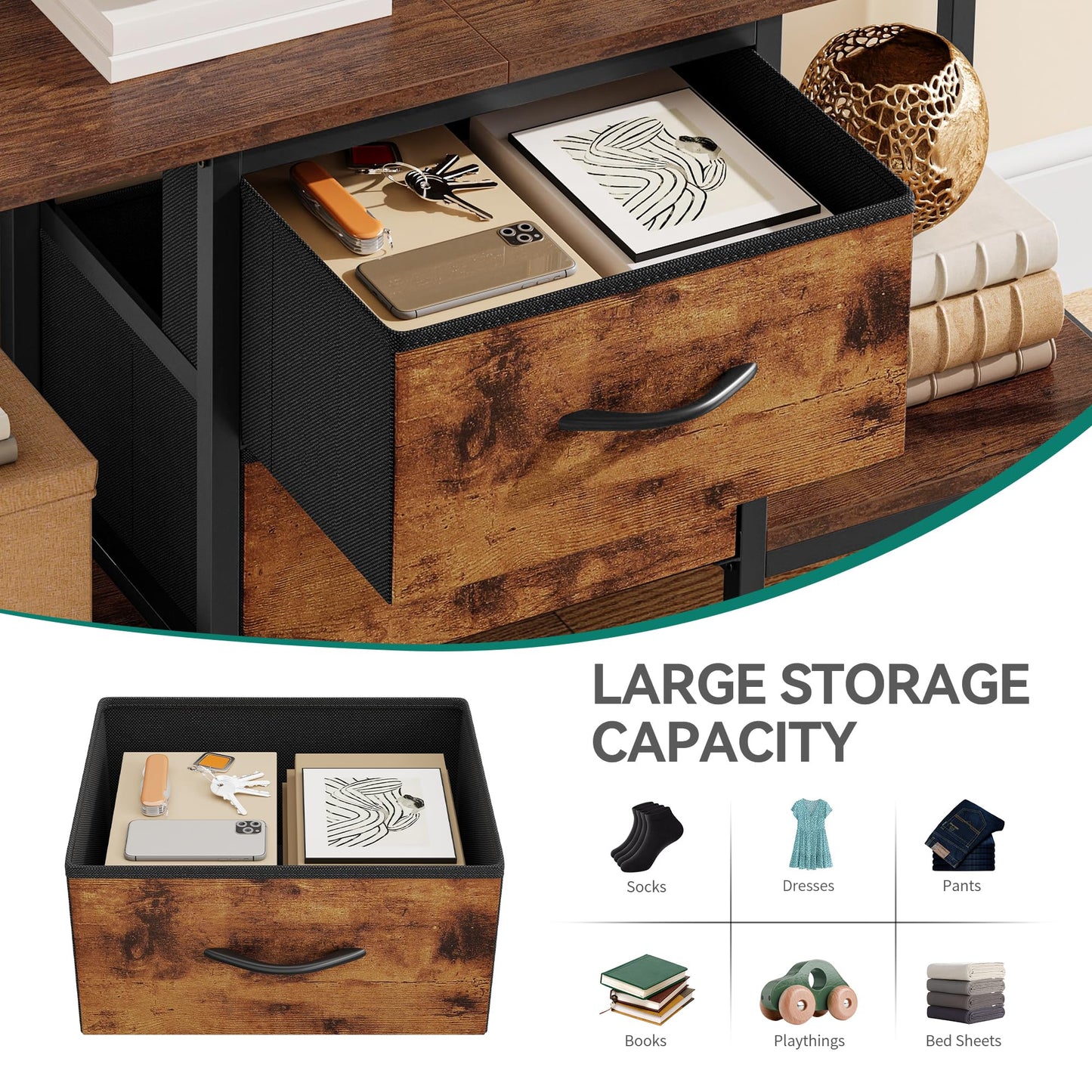 YITAHOME TV Stand, TV Cabinet up to 47 Inch, TV Unit with 2 Fabric Drawers and 2 Open Shelves, 110 x 30 x 50cm Chest of Drawers for Living Room