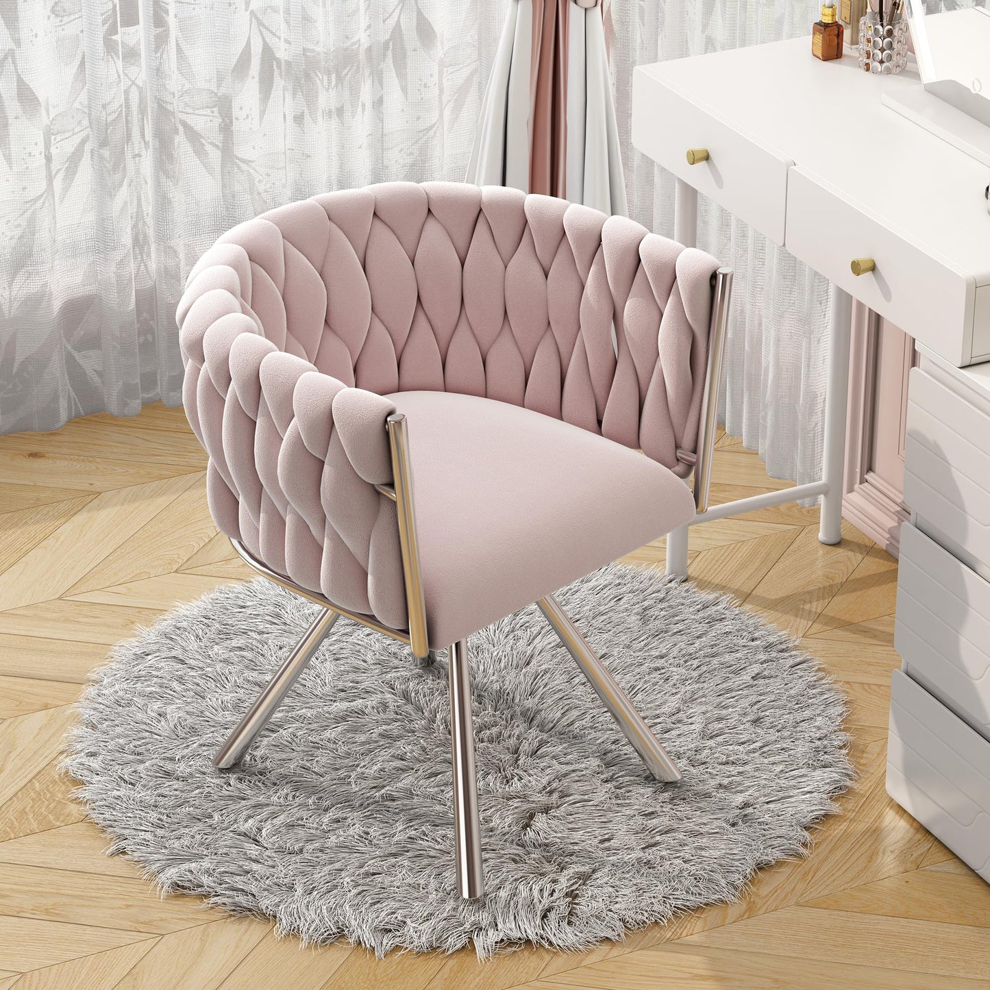 Ball & Cast 360° Swivel Dining Chair, Velvet Upholstered Desk Chairs without Wheels Ergonomic Office Chair with Arms and Metal Legs for Home Study