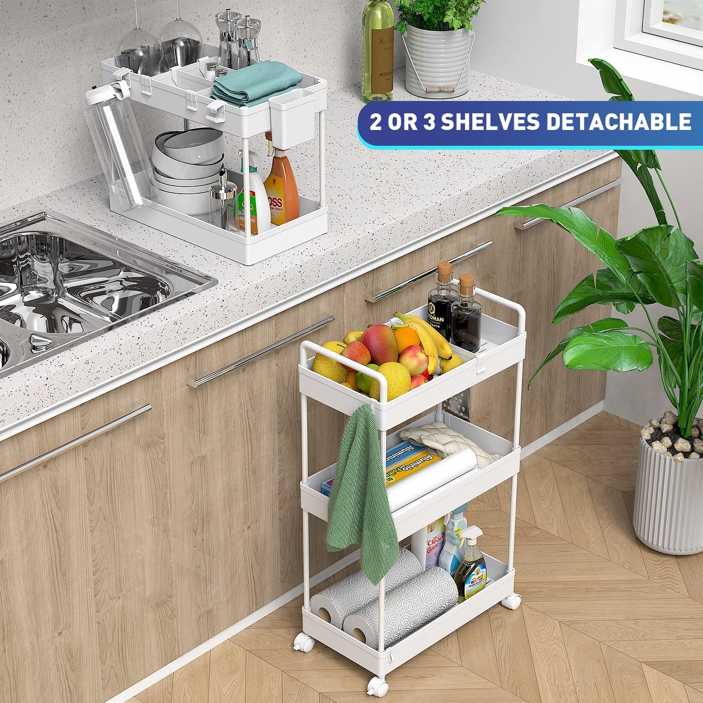 Ronlap Slim Storage Trolley, 3 Tier Rolling Cart Storage Organizer, White