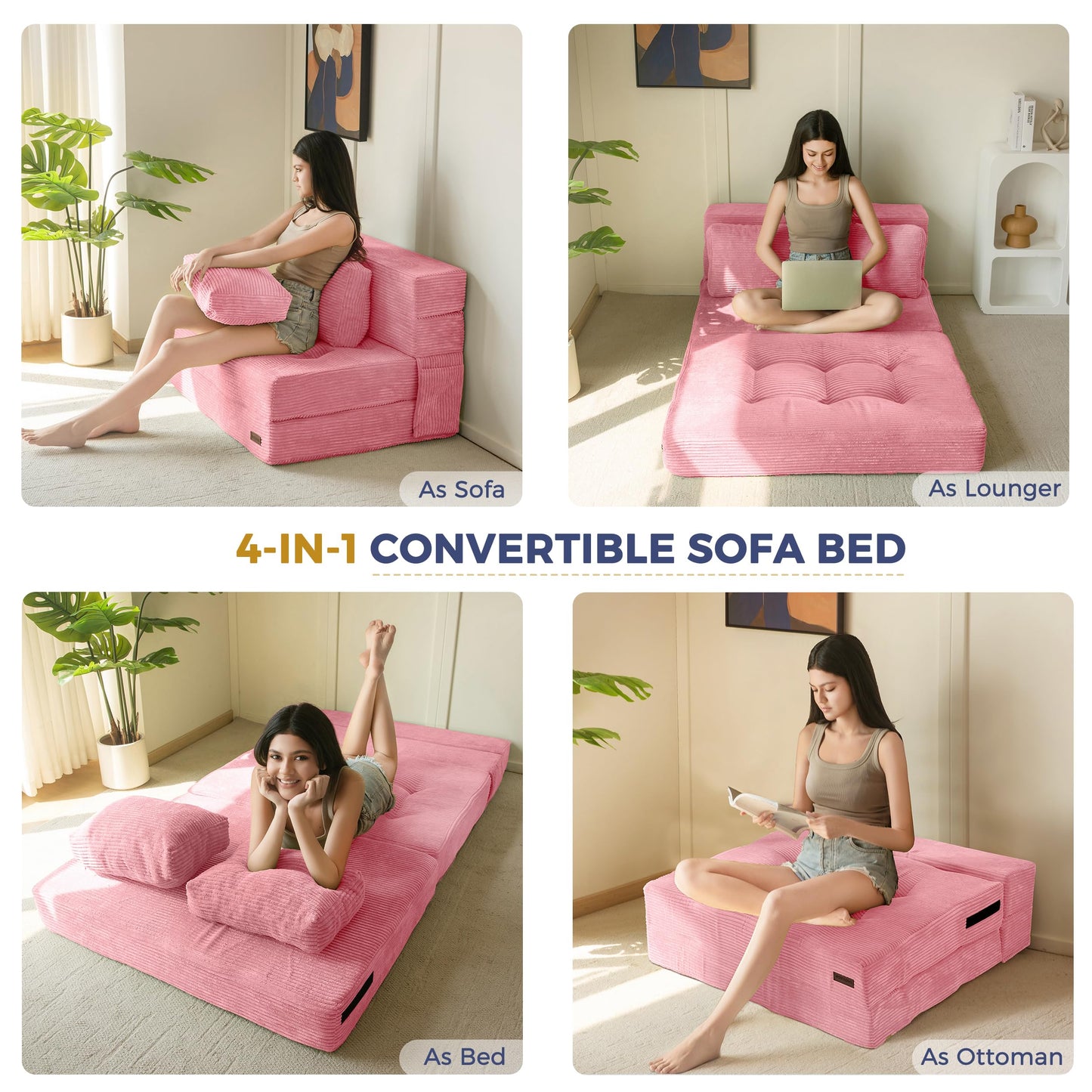 MAXYOYO Folding Foam Sofa Bed, Tri-Fold Mattress with 2 Pillows, Convertible Sofa Chair Futon Z Bed with 15cm Thincken Foam