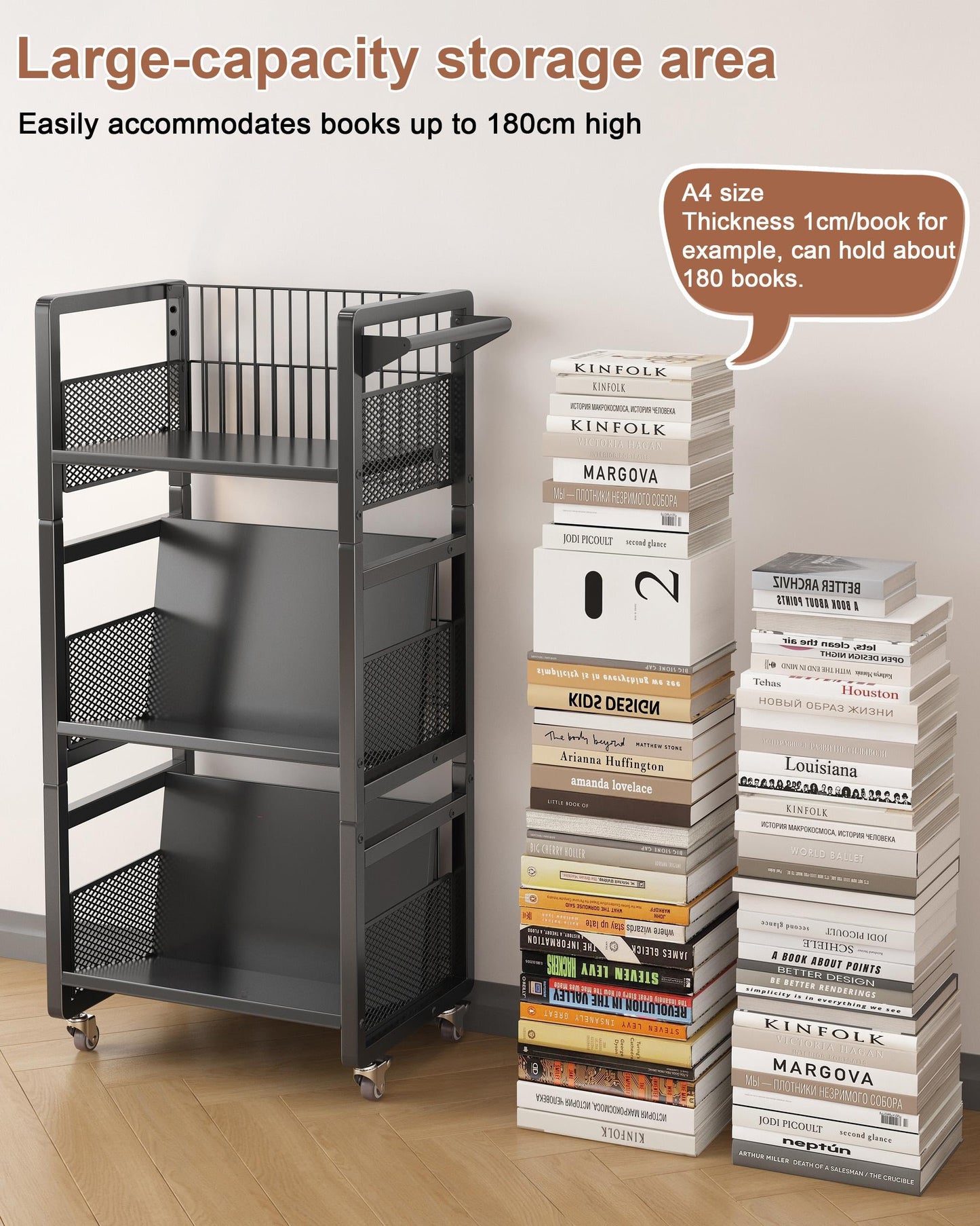 Ornestia Book Trolley,Mobile Bookshelf Organiser with Lockable Wheels,Black