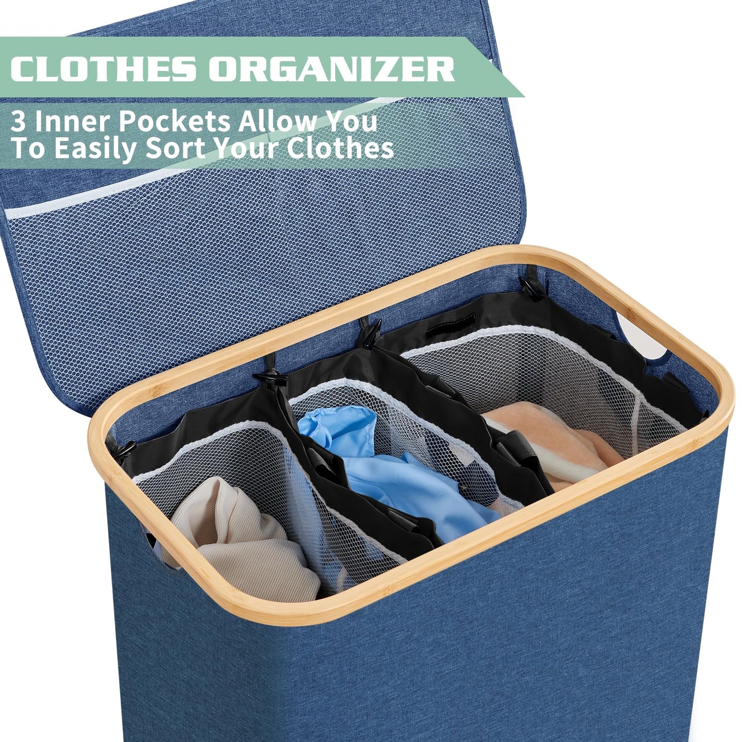 BRIAN & DANY Laundry Basket with Lid, Large Laundry Hamper 3 Compartments with Handles, Collapsible Washing Basket with 3 Removable Bags, Washing Bin