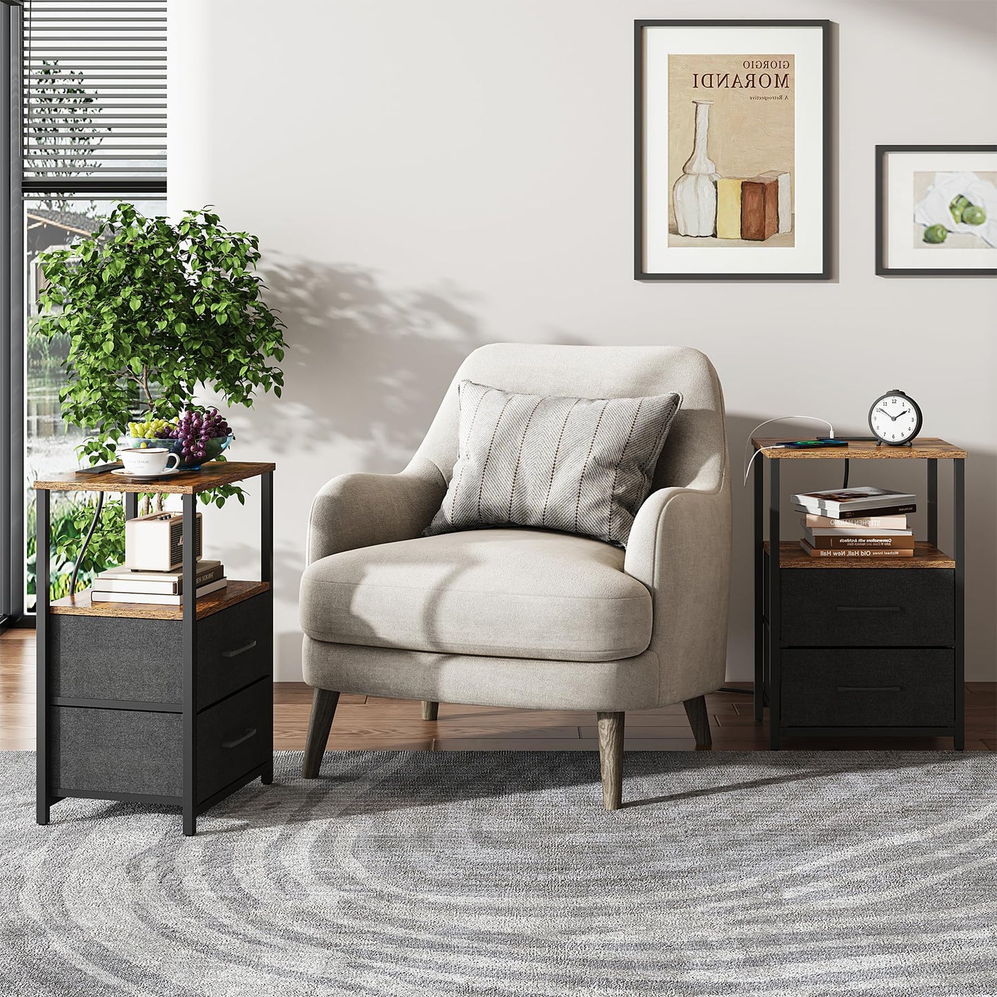 TUTOTAK Bedside Table with Charging Station, Side Table with 2 USB Ports and Outlets, Nightstand with Cloth Drawer, Set of 2, End Table