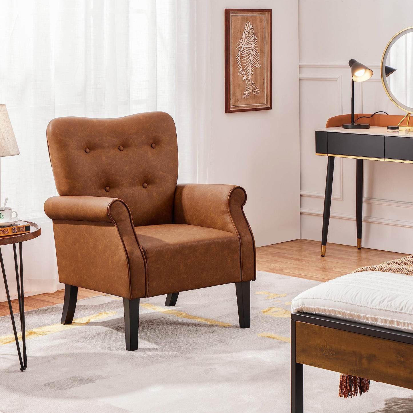 Yaheetech PU Leather Tub Chair with High Back for Living Room Retro Brown