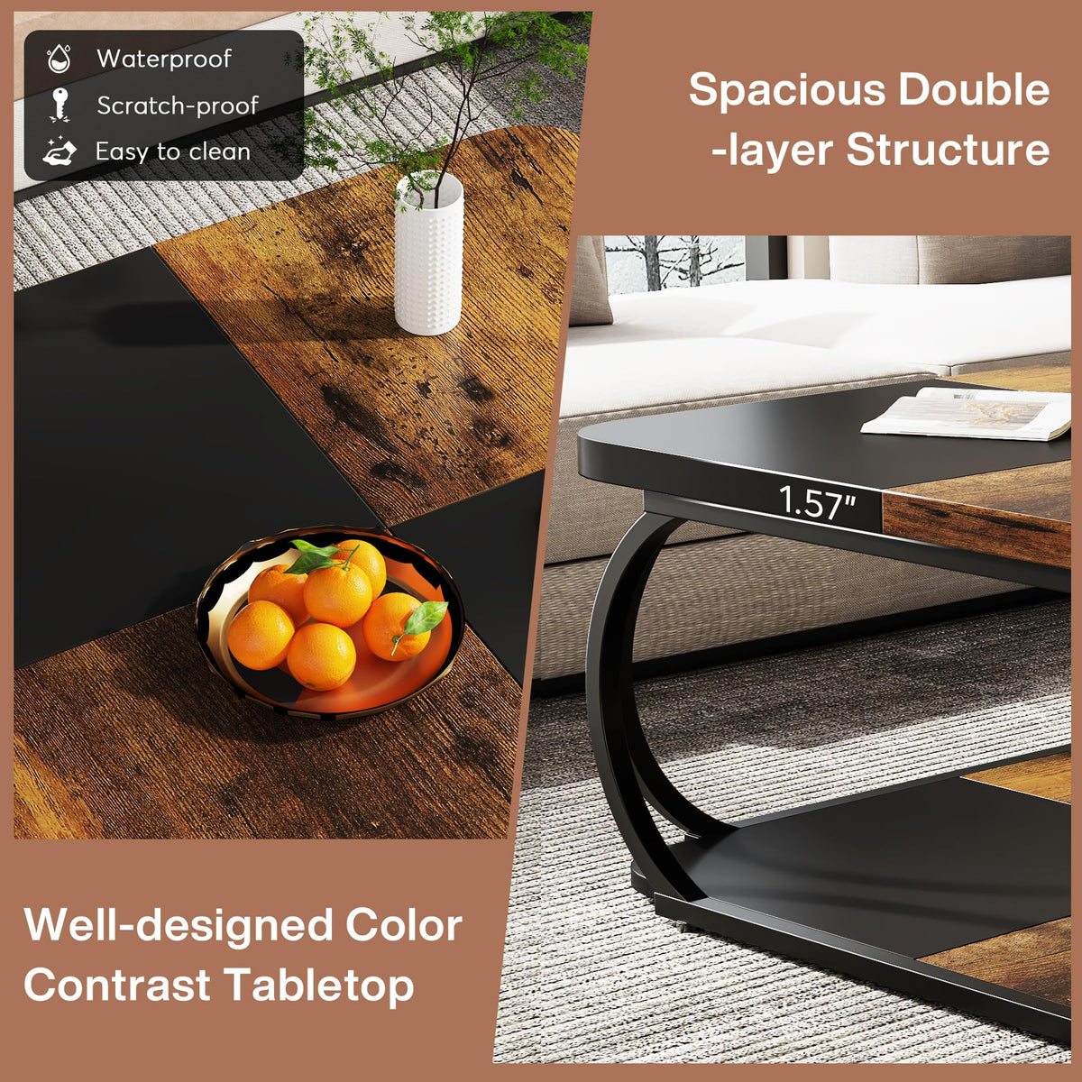 Tribesigns Square Coffee Table with 2 Tiers, 40 inches Low Farmhouse Coffee Table with Wood Storage Shelf Heavy Duty Metal Curved Frame for Modern