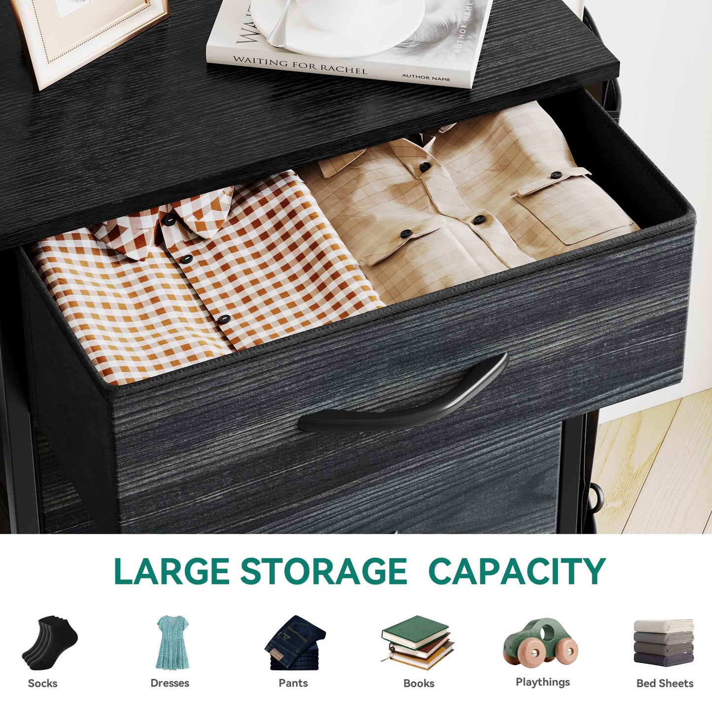 YITAHOME Narrow Chest of Drawers with 5 Drawers, Fabric Drawers with Side Pocket&Hooks,Sturdy Steel Frame,Storage Drawers for Bedroom