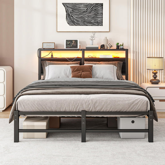 VERFARM Double Bed Frames with Wood Storage Shelf Headboard and Charging Station/LED Lights, Heavy Duty Metal Platform Bed Frame 4ft6 Double Bed, No