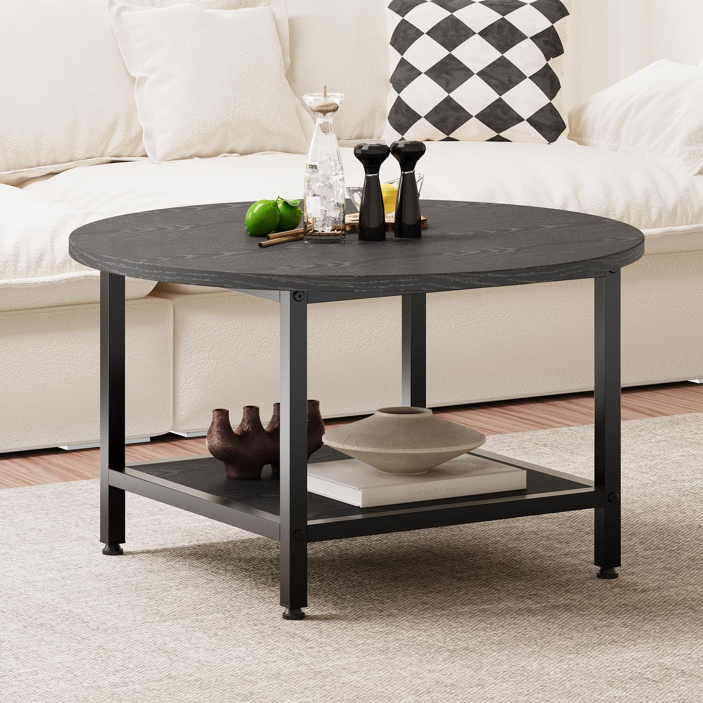 ARFARLY Round Coffee Table for Living Room 2-Tier Circle Coffee Table Black