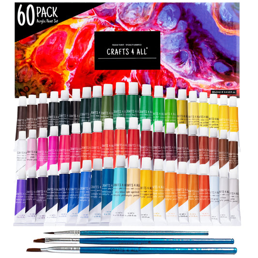 Crafts 4 ALL Acrylic Paint Set - 60 Paints for Canvas, Wood, Ceramic & Fabric ? Non-Toxic, Vibrant Pigments for Beginners, Adults and Professional