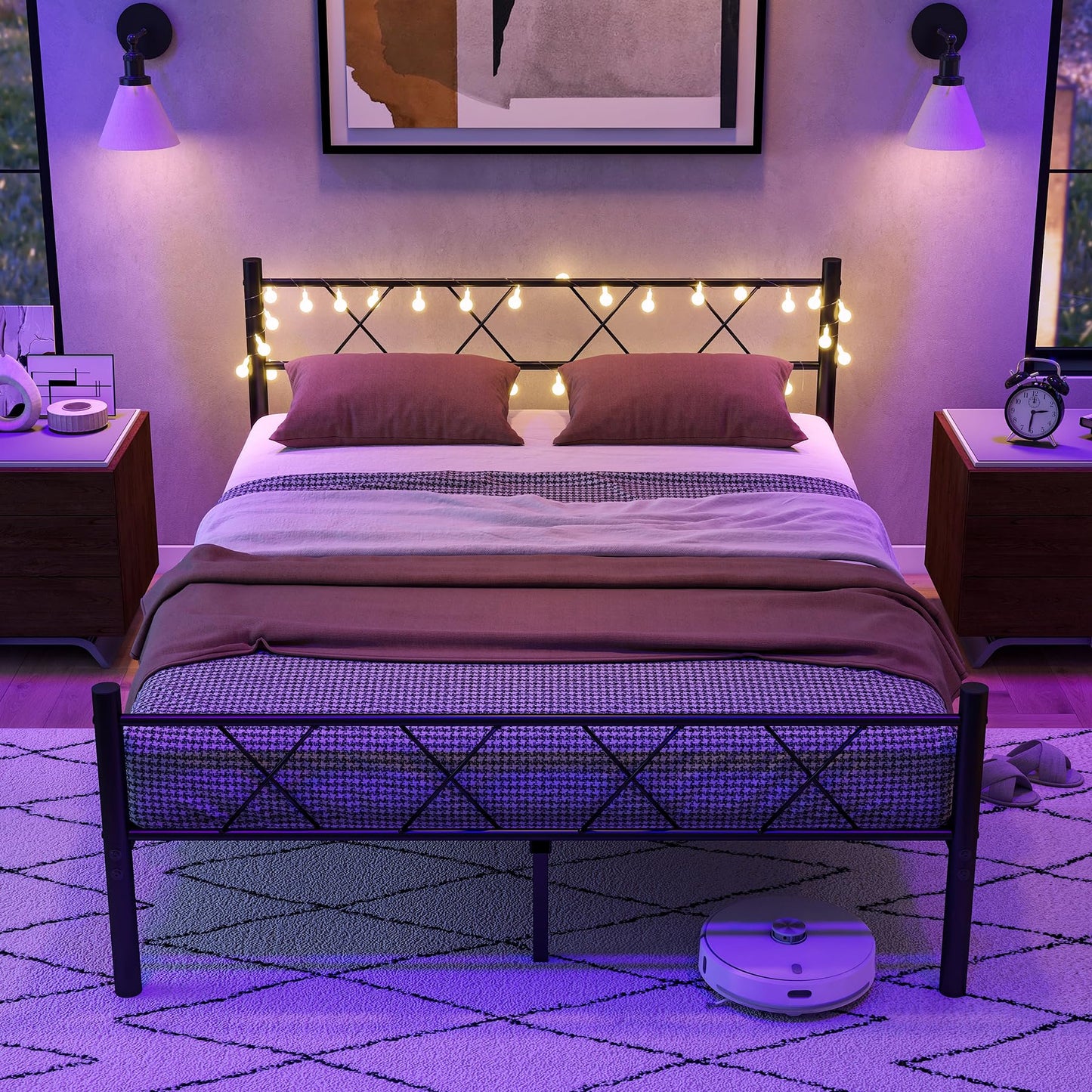 HOJINLINERO King Size Bed Frame with Headboard & lights,5ft Metal Bed Frame King Size Mattress Base/Underbed Storage,No Box Spring Needed,Heavy Duty