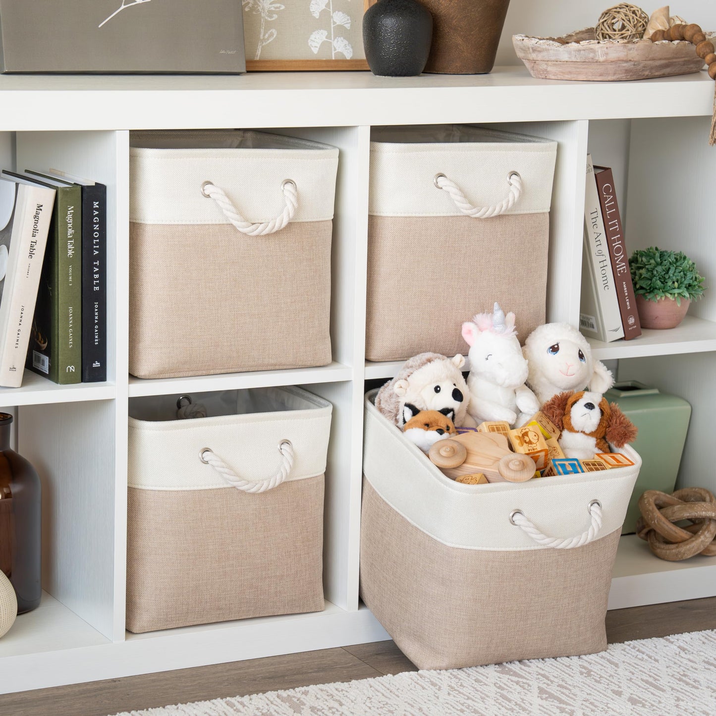 OrganiHaus Fabric Storage Boxes, Set of 3 Foldable 30X30 Cube Organiser Bins with Rope Handles for Shelves, Nursery & Closet