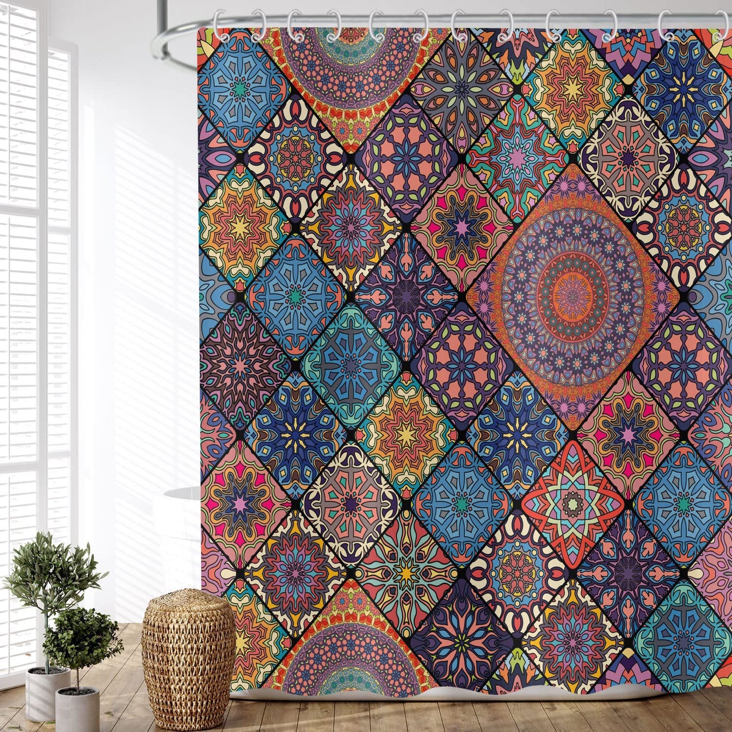 ASDCXZ Shower Curtain Boho 180x200 cm, Retro Boho Geometry Datura Colorful Motif Waterproof Textile Bath Shower Curtains Washable Polyester Fabric