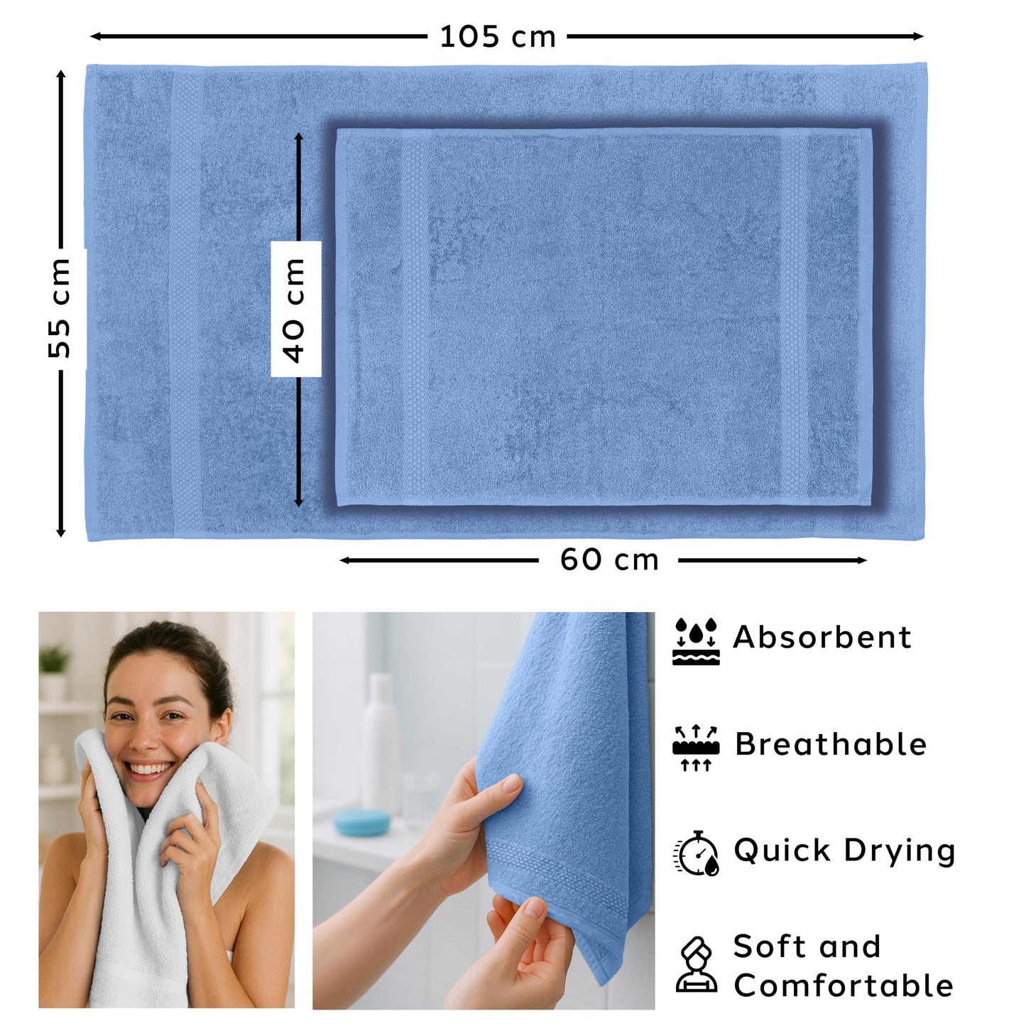 Caleffi Bath Towels, Face and Guest Towel Set, 55 x 100 cm, 100% Cotton