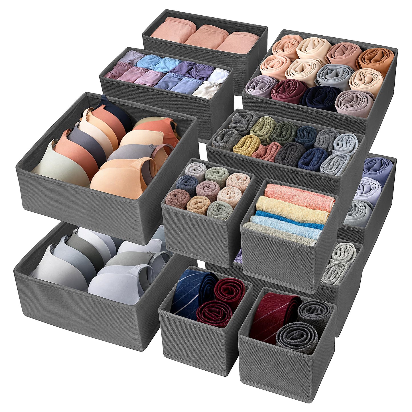 Vivantia 12 Pack Fabric Drawer Organisers for Clothes 3 Sizes Foldable Wardrobe Storage Organiser Bins Underwear Drawer Dividers Clothes Storage