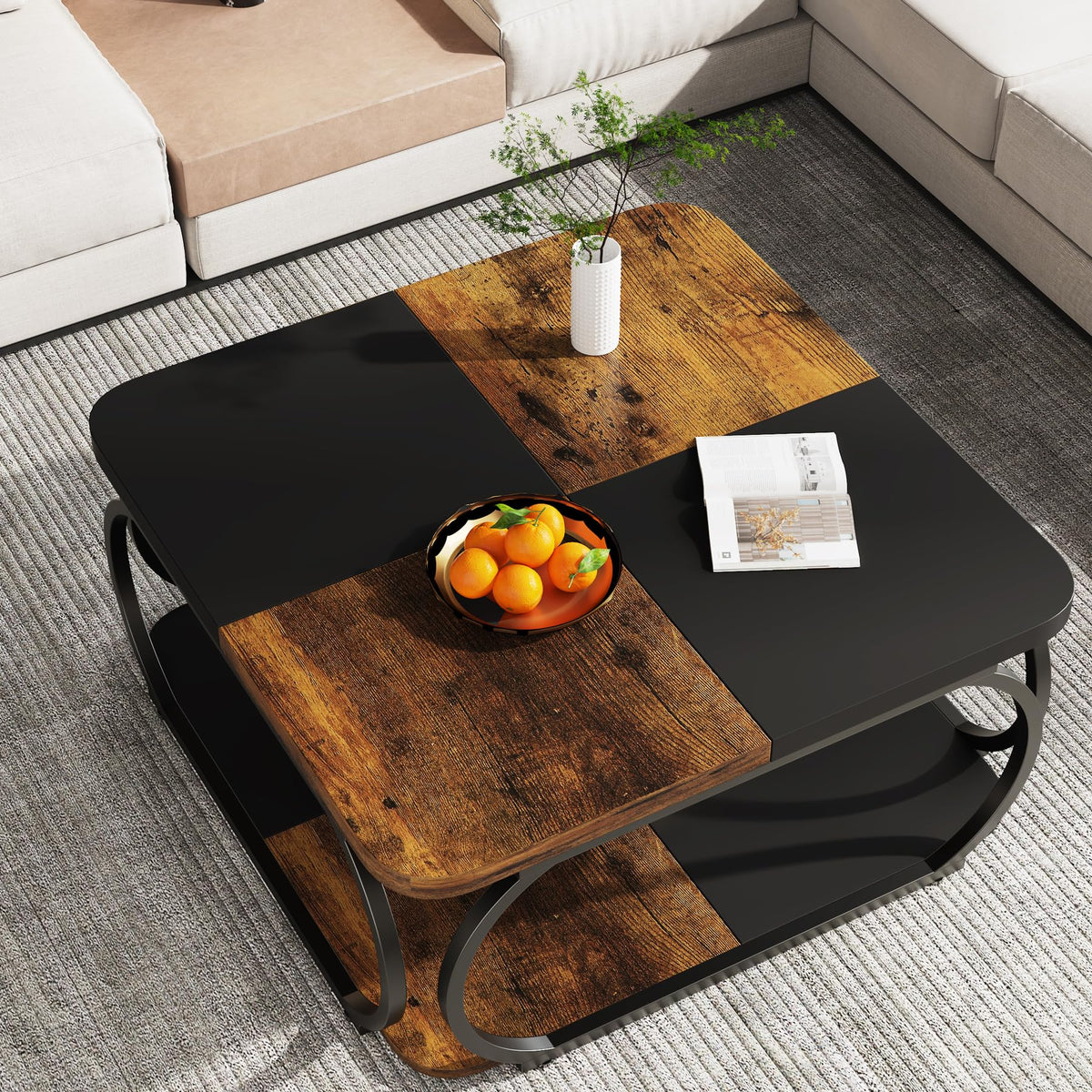 Tribesigns Square Coffee Table with 2 Tiers, 40 inches Low Farmhouse Coffee Table with Wood Storage Shelf Heavy Duty Metal Curved Frame for Modern