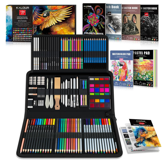 KALOUR 154PCS Art Supplies - Sketching & Drawing Kit with Sketchbook,Tutorial Book,Coloring Paper - Graphite,Colored, Charcoal, Watercolor & Metallic