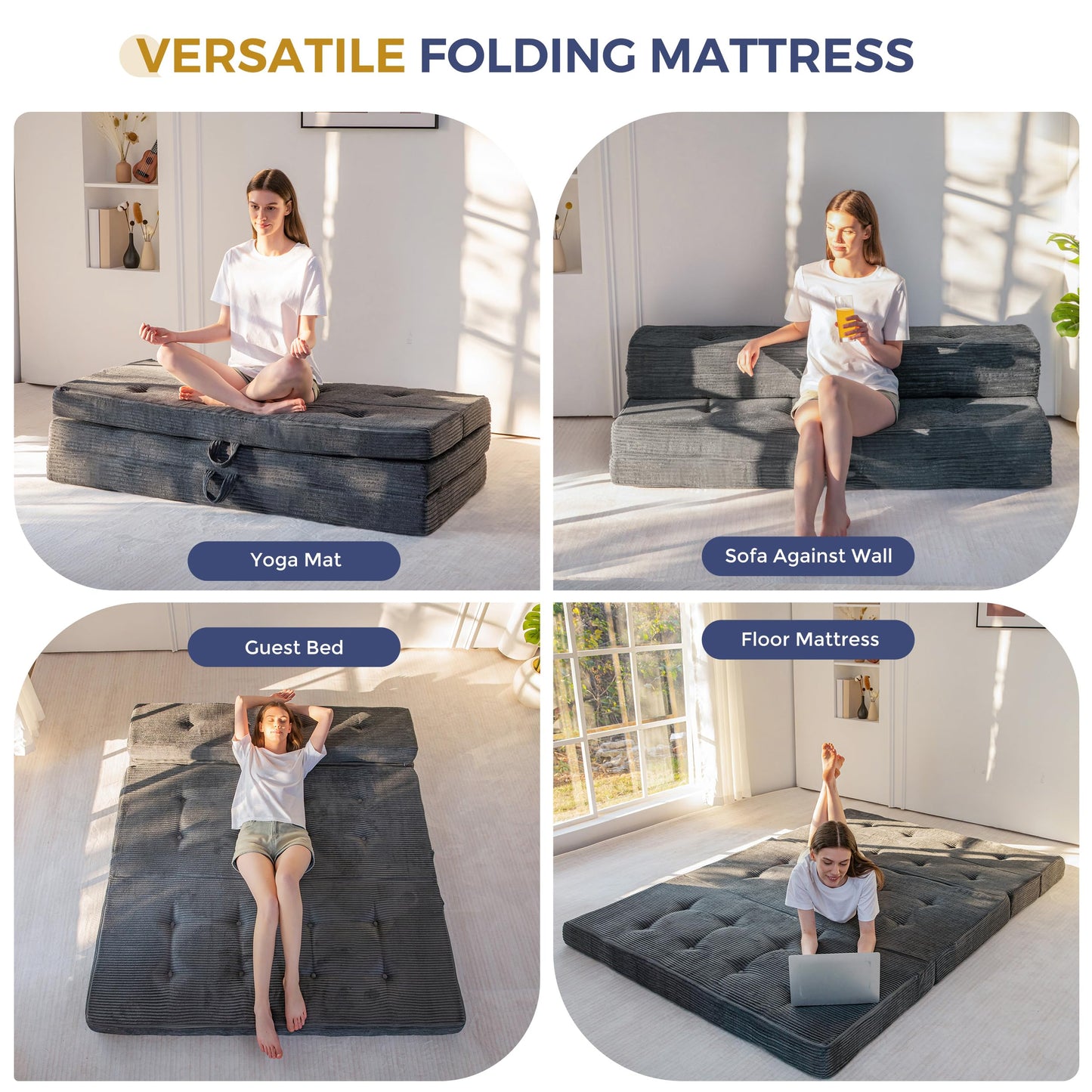MAXYOYO Folding Mattress Double, Comfy Foldable Sofa Couch Bed, Guest Mattress with Handles Floor Futon Sofa Bed for Guest