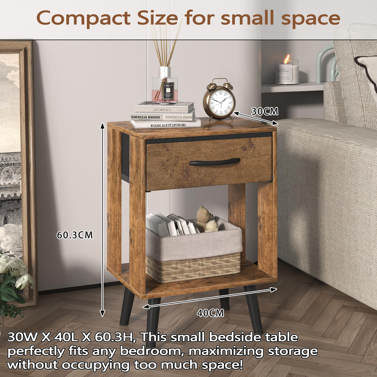 OYRREU Rustic Bedside Table Set of 2 with Drawers & Open Shelf for Bedroom