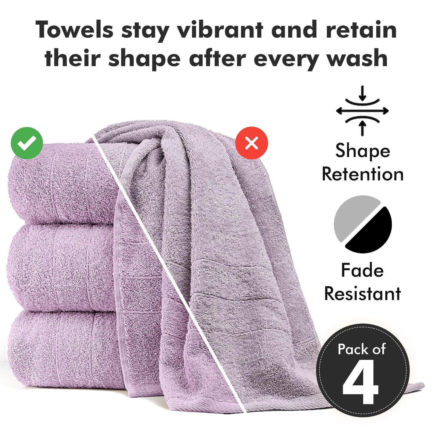Novo Home Bath Towels Set of 4 – 550 GSM 100% Cotton Lilac Extra Large Towels for Bathroom, Spa Use (70x140 cm)