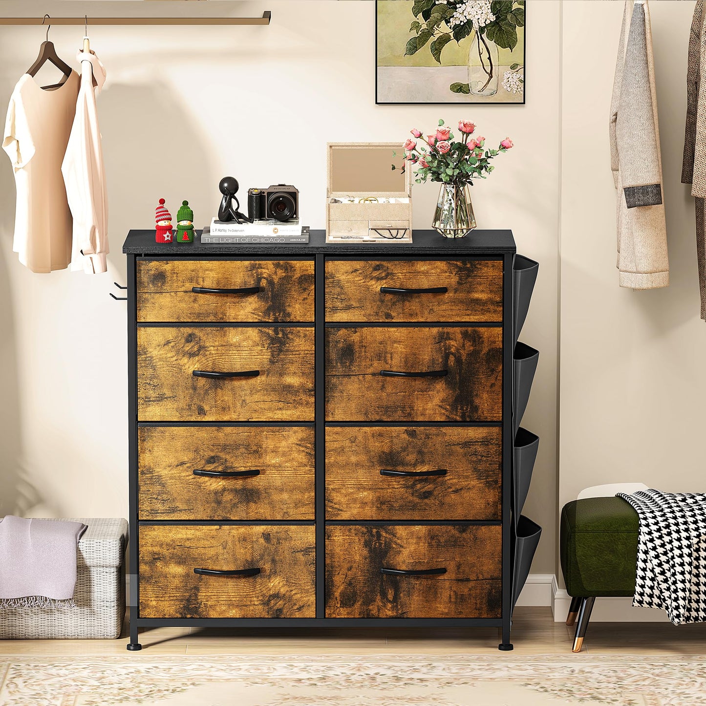 DWVO Chest of Drawers with 8 Drawers, Fabric Chest Drawers with Side Pocket&Hooks,Easy Pull Handle,Sturdy Steel Frame for Bedroom,Living Room,Rustic
