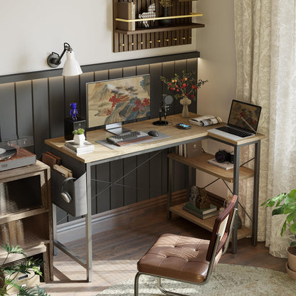 BEXEVUE L Shaped Corner Desk - 100x70 cm Study Office Gaming Desk, Computer Desk Small Writing Table, Large Reversible Storage Shelves, Bookshelf