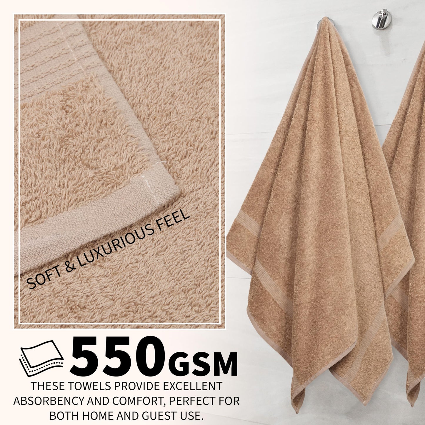 CityComfort Bath Towels Set of 4 100% Cotton 550 GSM 75x135cm Highly Absorbent Fluffy Bathroom Towels Household Essentials (Brown - 4 Pack)