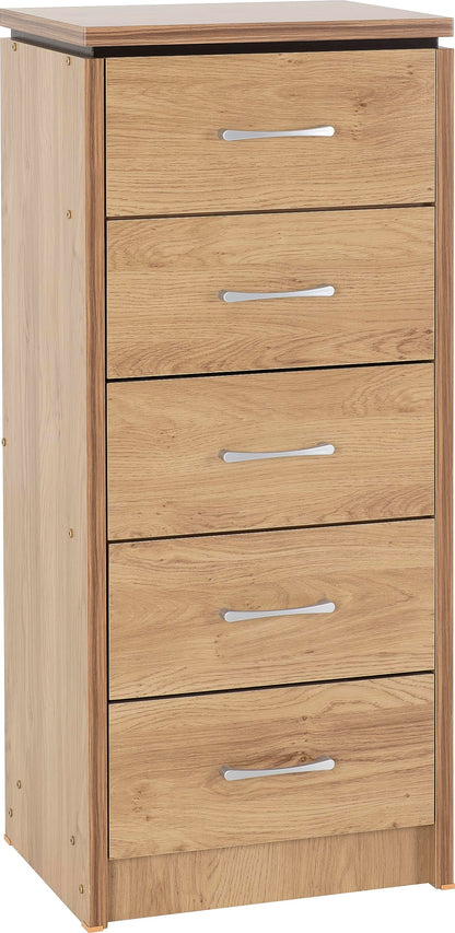 Seconique Charles 5 Drawer Narrow Chest in Oak Effect Veneer