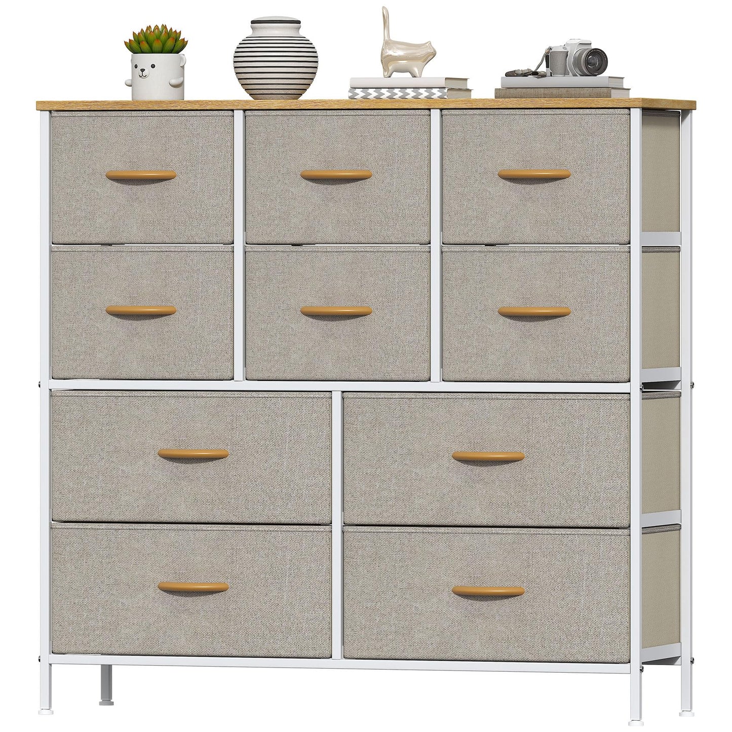 Feonase Chest of Drawers, Bedroom Tall Dresser with 10 Fabric Drawers, Metal Frame & MDF Wood Top, Adjustable Feet