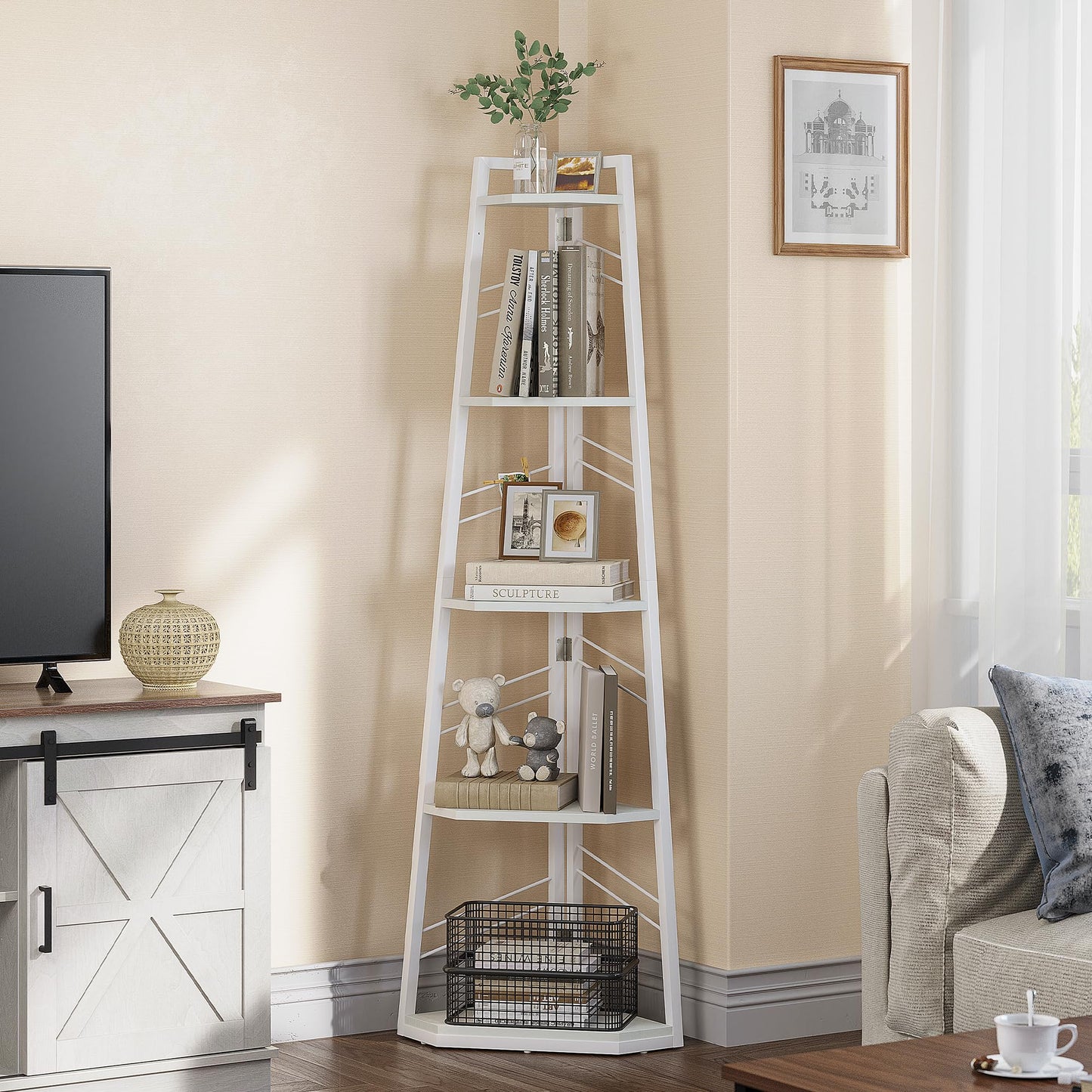 YITAHOME Corner Shelf 5 Tier, Industrial Corner Bookshelf Modern Floorstanding Corner Bookcase Ladder Shelf Wooden Open Shelving Unit for Living Room,