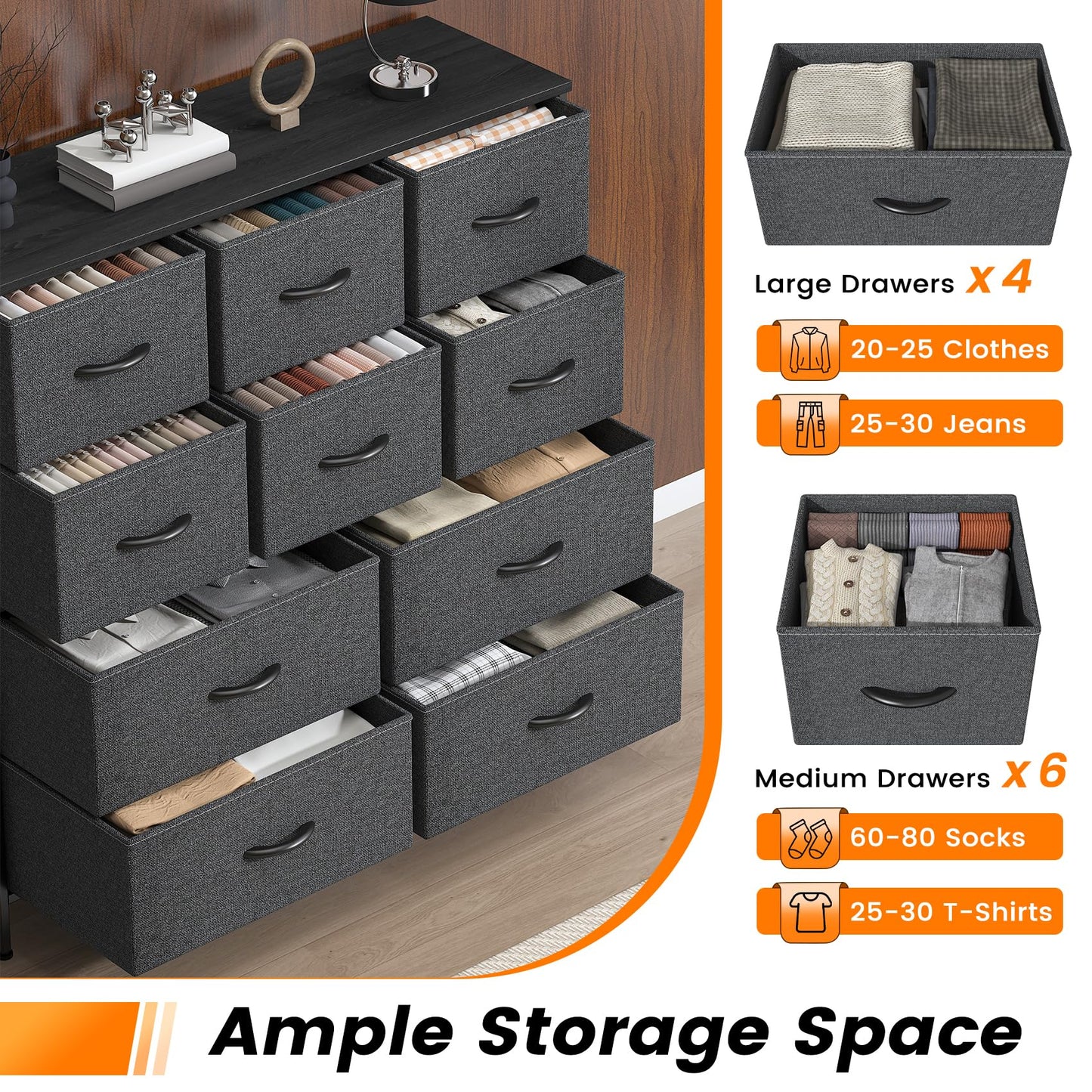 Feonase Chest of Drawers,Bedroom Tall Dresser with 10 Fabric Drawers, Metal Frame & MDF Wood Top, Adjustable Feet, Storage Organizer Unit for Bedroom