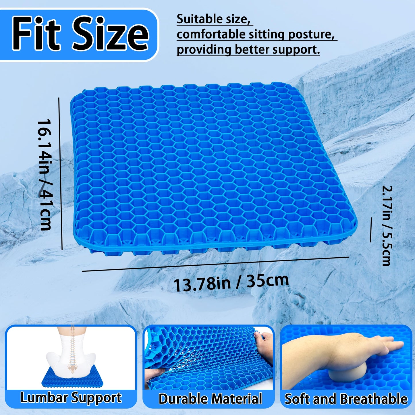 PICKSMOCUB Gel Seat Cushion Large Ergonomic Honeycomb Cooling Gel Cushion with Removable Washable Cover Anti Slip Pressure Relief for Office Chair