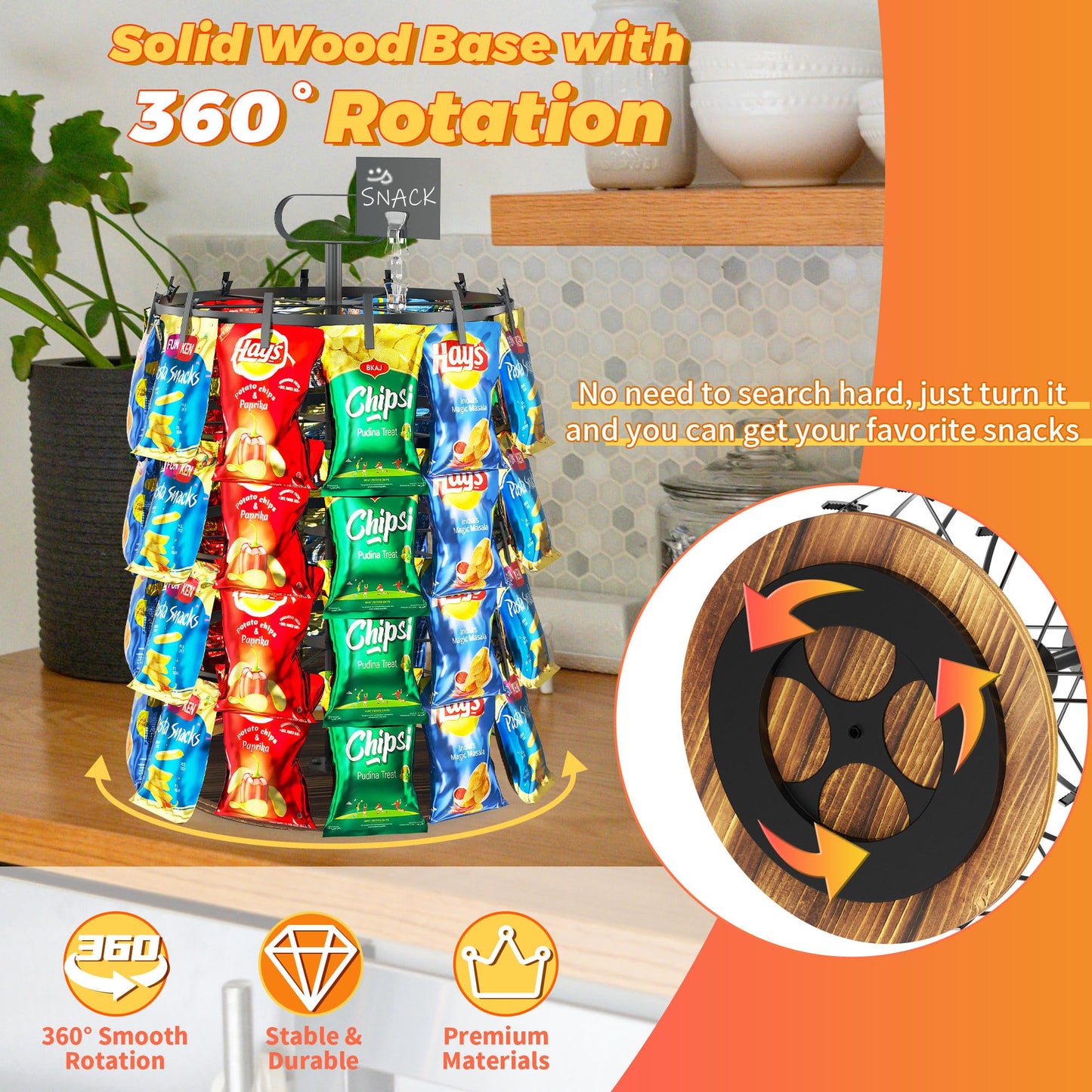 Simaixing 4 Tier Rotating Chip Rack Display Stand with 48 Clips, Countertop Chip Bag Holder with Wooden Base