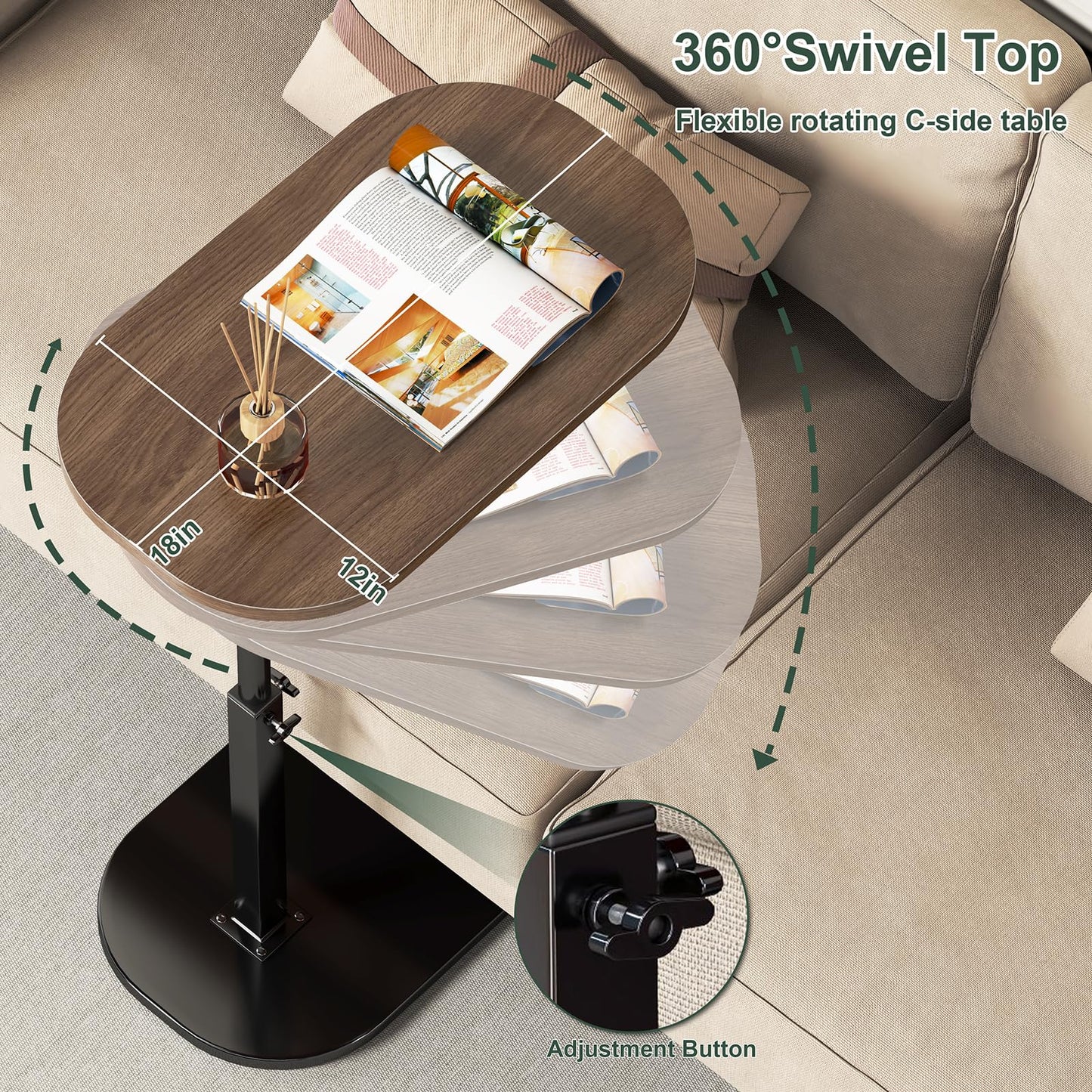 C Shaped Side Table Adjustable Height, 360°Swivel Sofa Side Table That Slide Under, Small Coffee End Table for Couch and Bedside