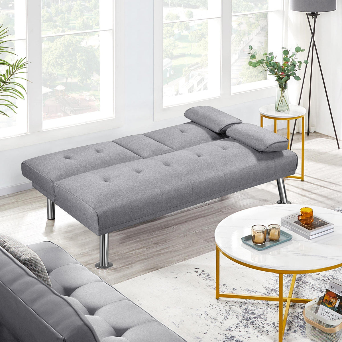 Yaheetech Light Grey 3-in-1 Convertible Upholstered Cup Holder Sofa Bed