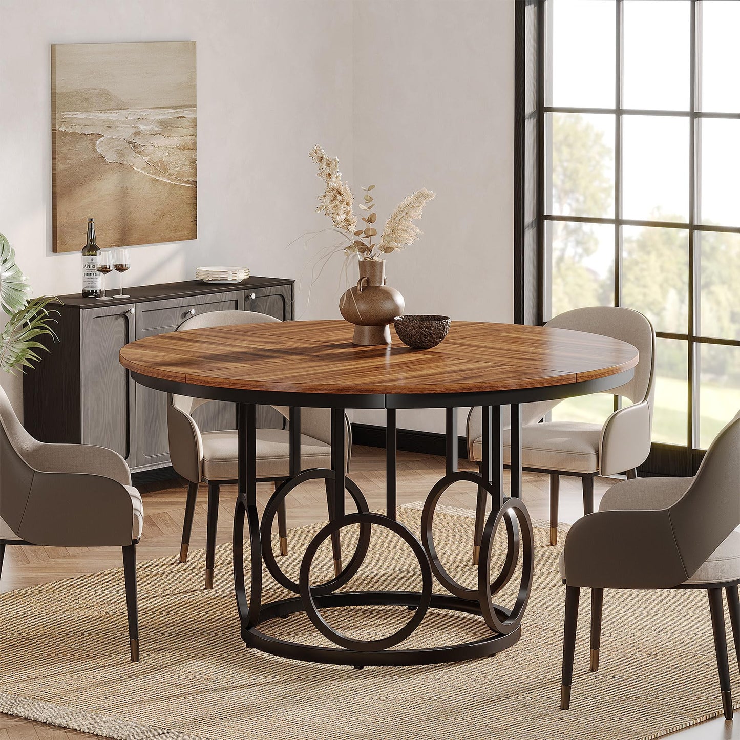 Tribesigns 47-Inch Round Dining Table, Wood Kitchen Table with Sturdy Metal Base for 4-6 People, Large Circle Dinner Table for Dining Room, Kitchen